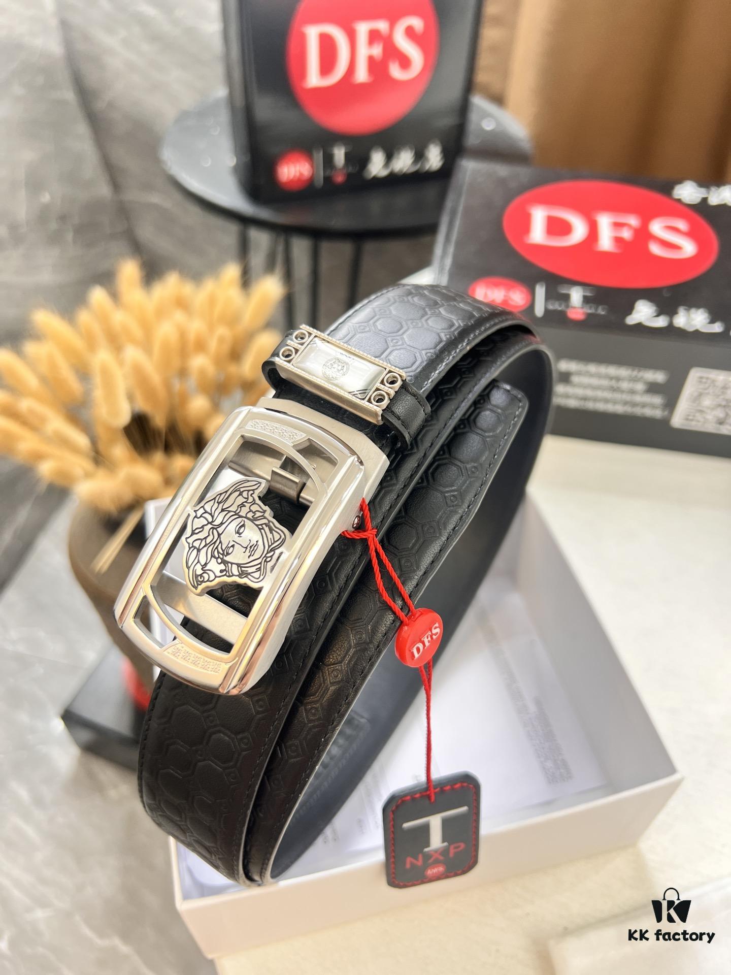 693201ca3a89a121ed55088f Versace Automatic Buckle Belt, Custom Embossed Top-Grade Imported Calfskin, Fine Grain Leather with Wax Thread Stitching, 3.5cm Width, Premium Business Formal Belt