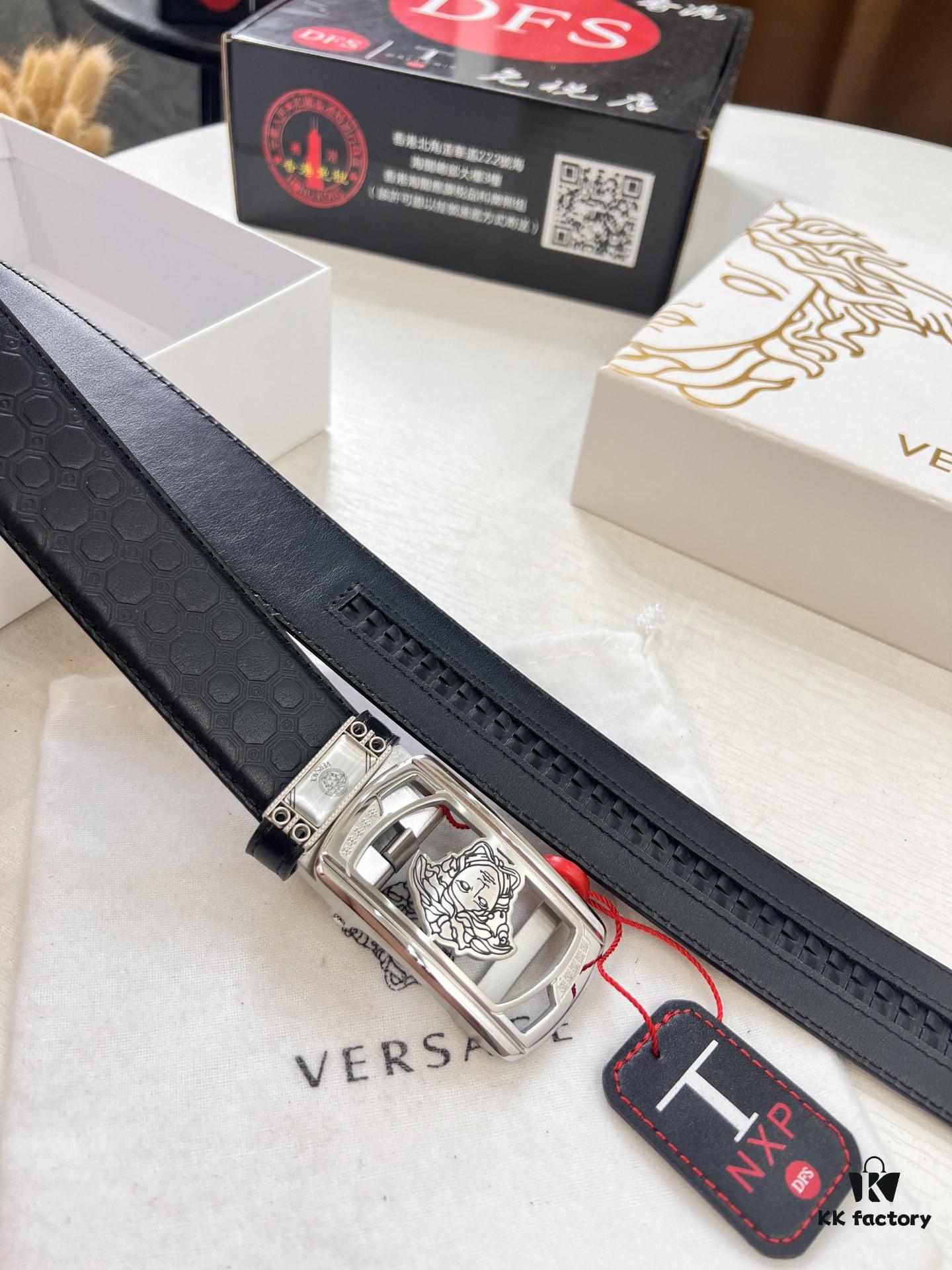 693201ca3a89a121ed550890 Versace Automatic Buckle Belt, Custom Embossed Top-Grade Imported Calfskin, Fine Grain Leather with Wax Thread Stitching, 3.5cm Width, Premium Business Formal Belt
