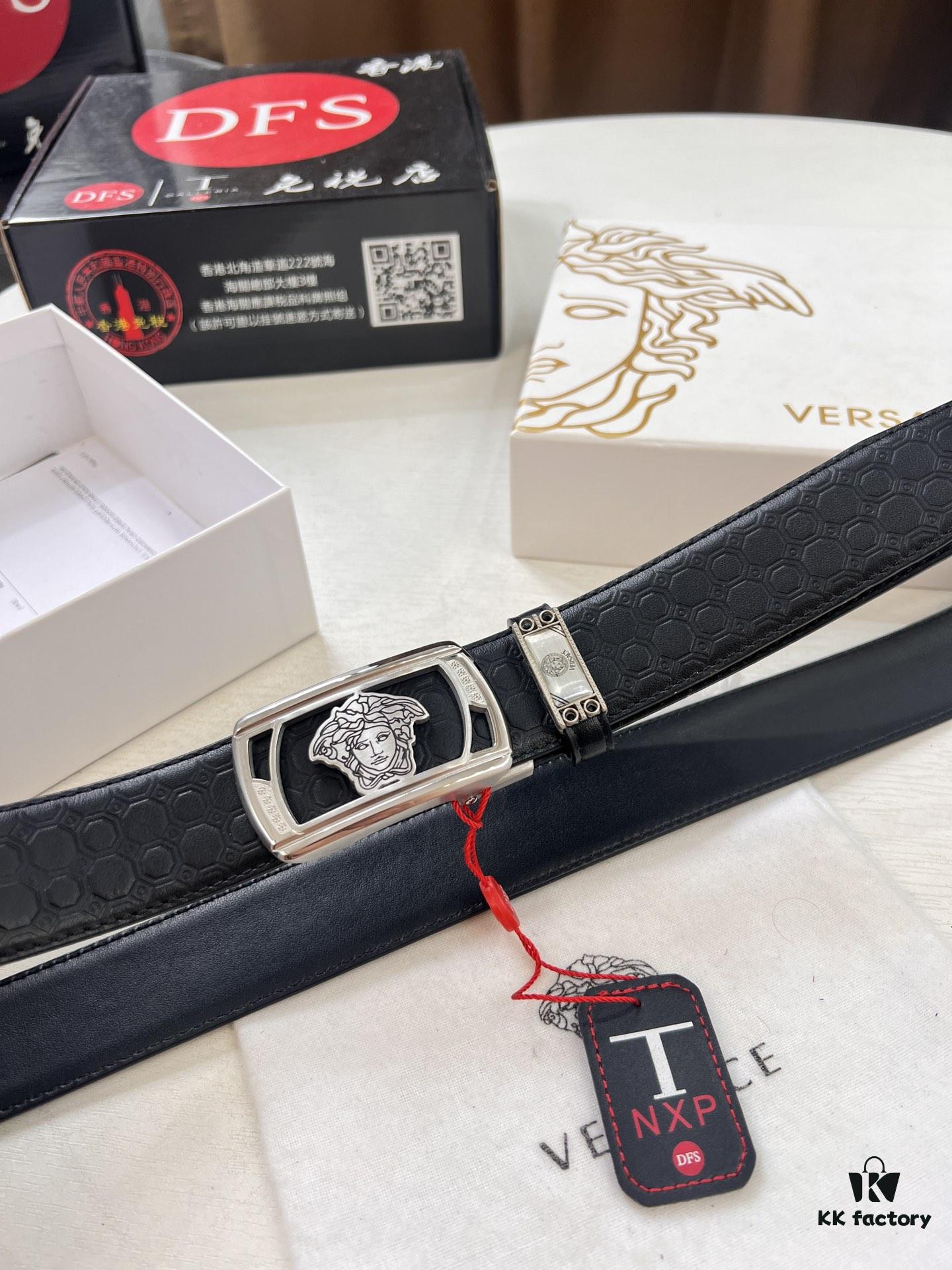 693201ca3a89a121ed550891 Versace Automatic Buckle Belt, Custom Embossed Top-Grade Imported Calfskin, Fine Grain Leather with Wax Thread Stitching, 3.5cm Width, Premium Business Formal Belt