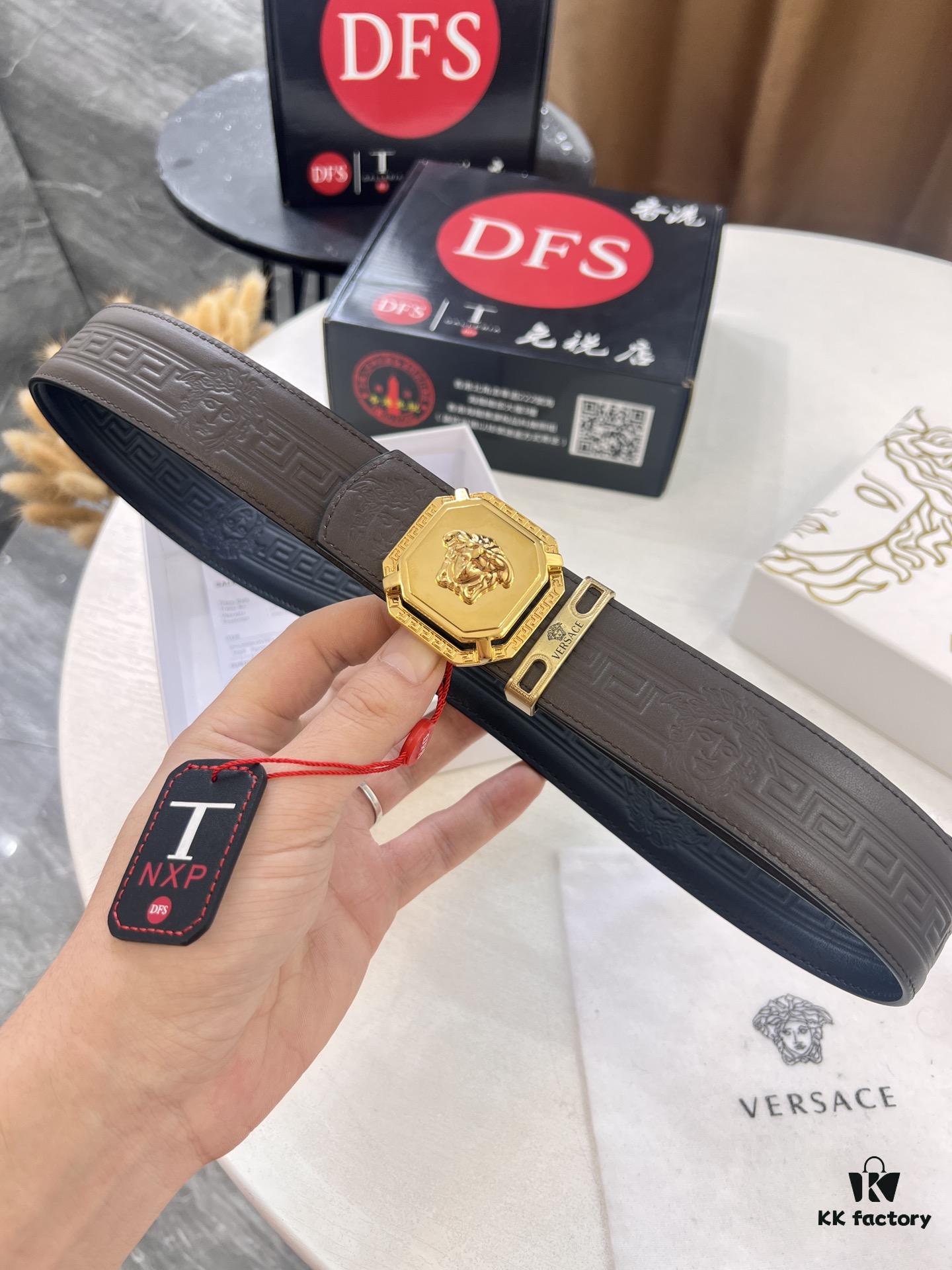 Versace Belt, New Style, Top-Quality First-Layer Cowhide with Medusa Embossing, Fashionable Soft Leather, Reversible Design, Stainless Steel Hardware, 3.8cm Width