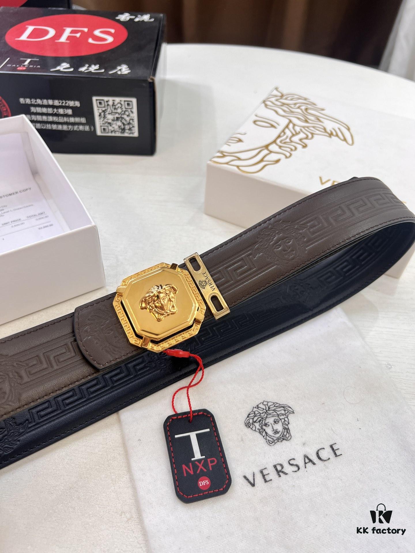 Versace Belt, New Style, Top-Quality First-Layer Cowhide with Medusa Embossing, Fashionable Soft Leather, Reversible Design, Stainless Steel Hardware, 3.8cm Width