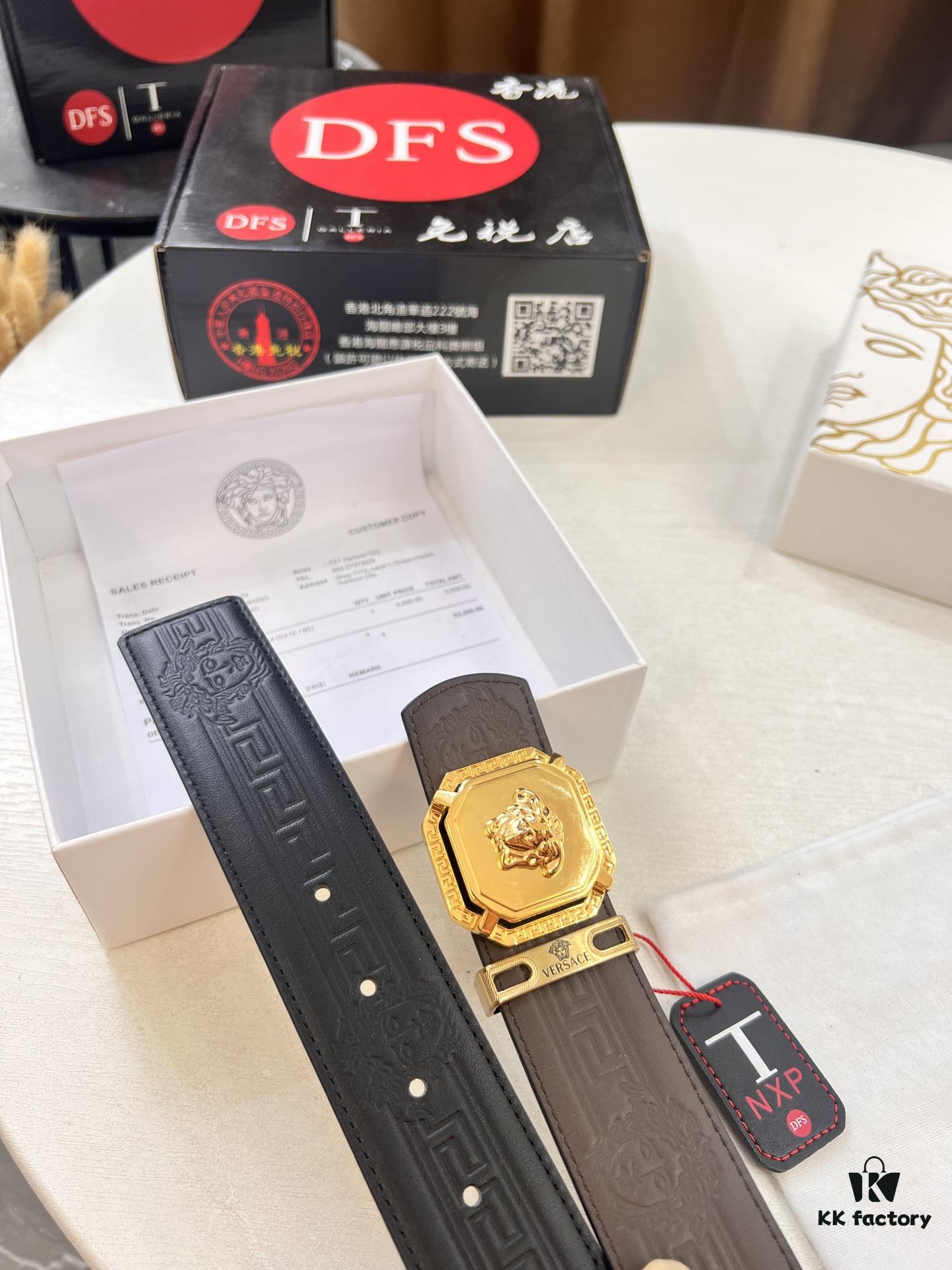Versace Belt, New Style, Top-Quality First-Layer Cowhide with Medusa Embossing, Fashionable Soft Leather, Reversible Design, Stainless Steel Hardware, 3.8cm Width