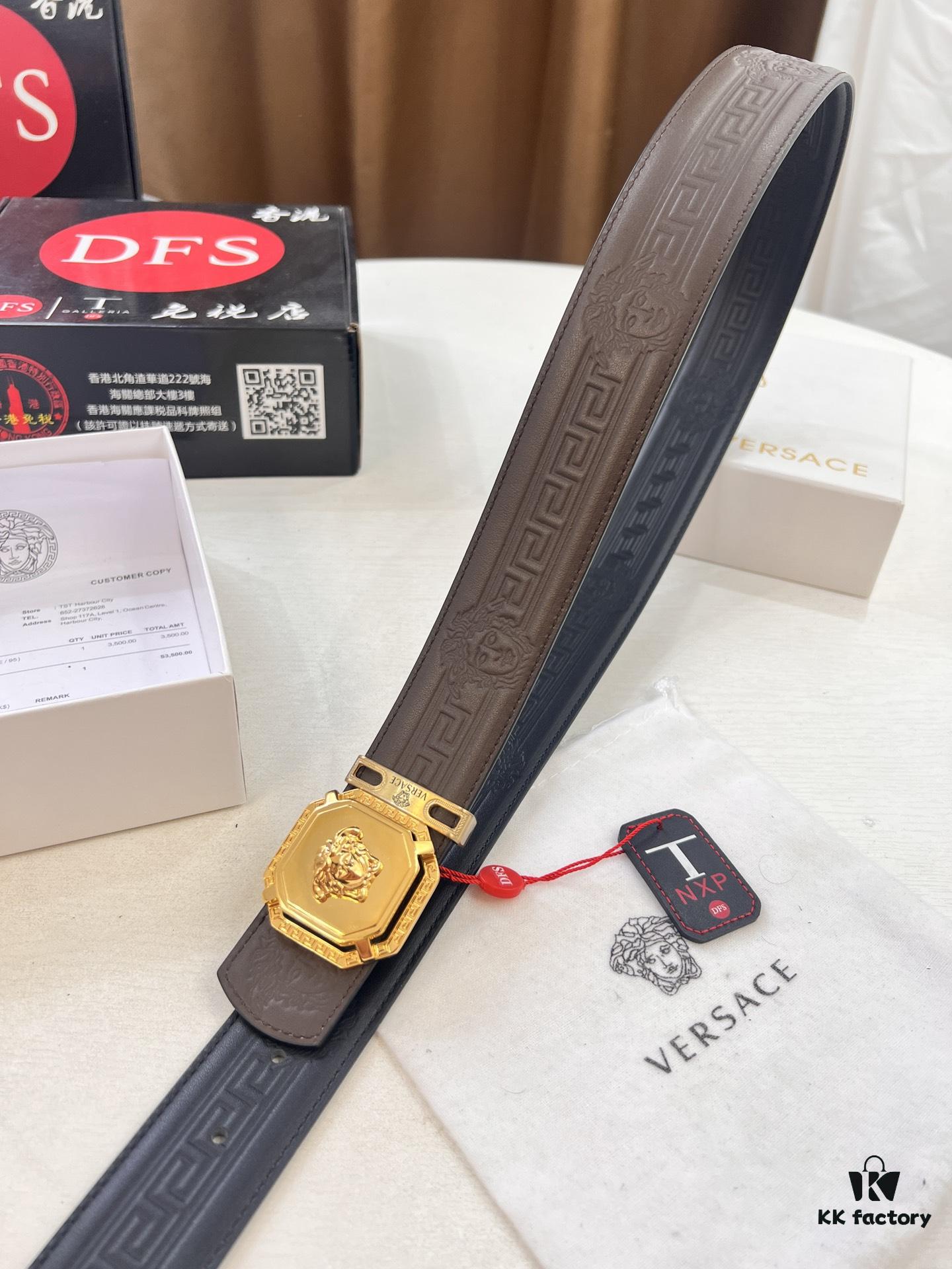 Versace Belt, New Style, Top-Quality First-Layer Cowhide with Medusa Embossing, Fashionable Soft Leather, Reversible Design, Stainless Steel Hardware, 3.8cm Width