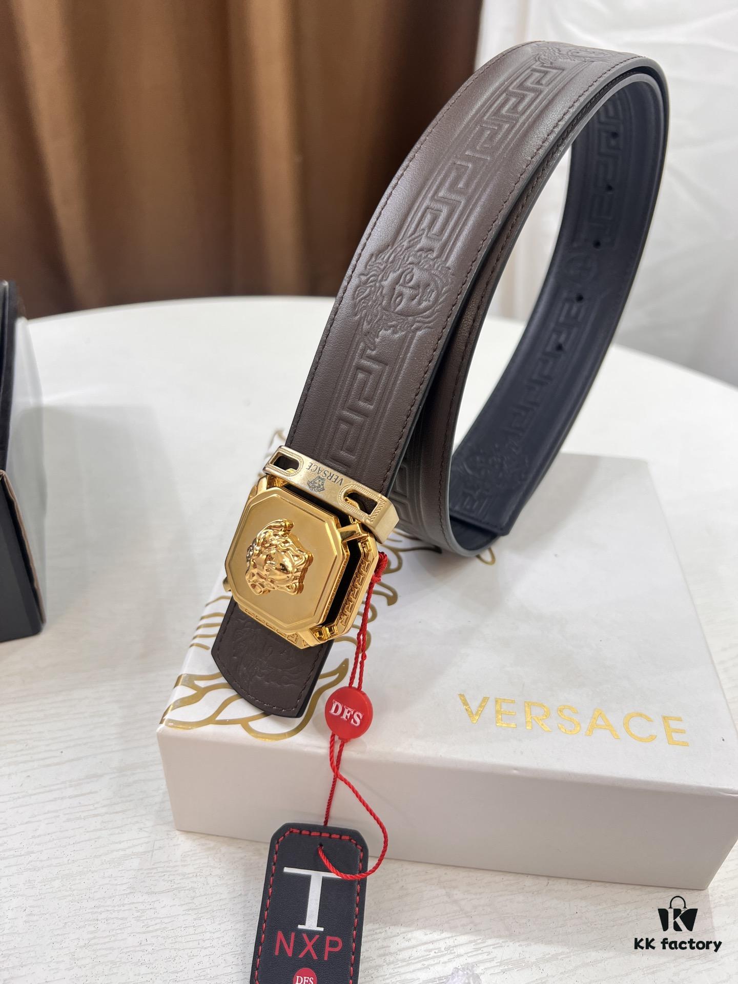 Versace Belt, New Style, Top-Quality First-Layer Cowhide with Medusa Embossing, Fashionable Soft Leather, Reversible Design, Stainless Steel Hardware, 3.8cm Width