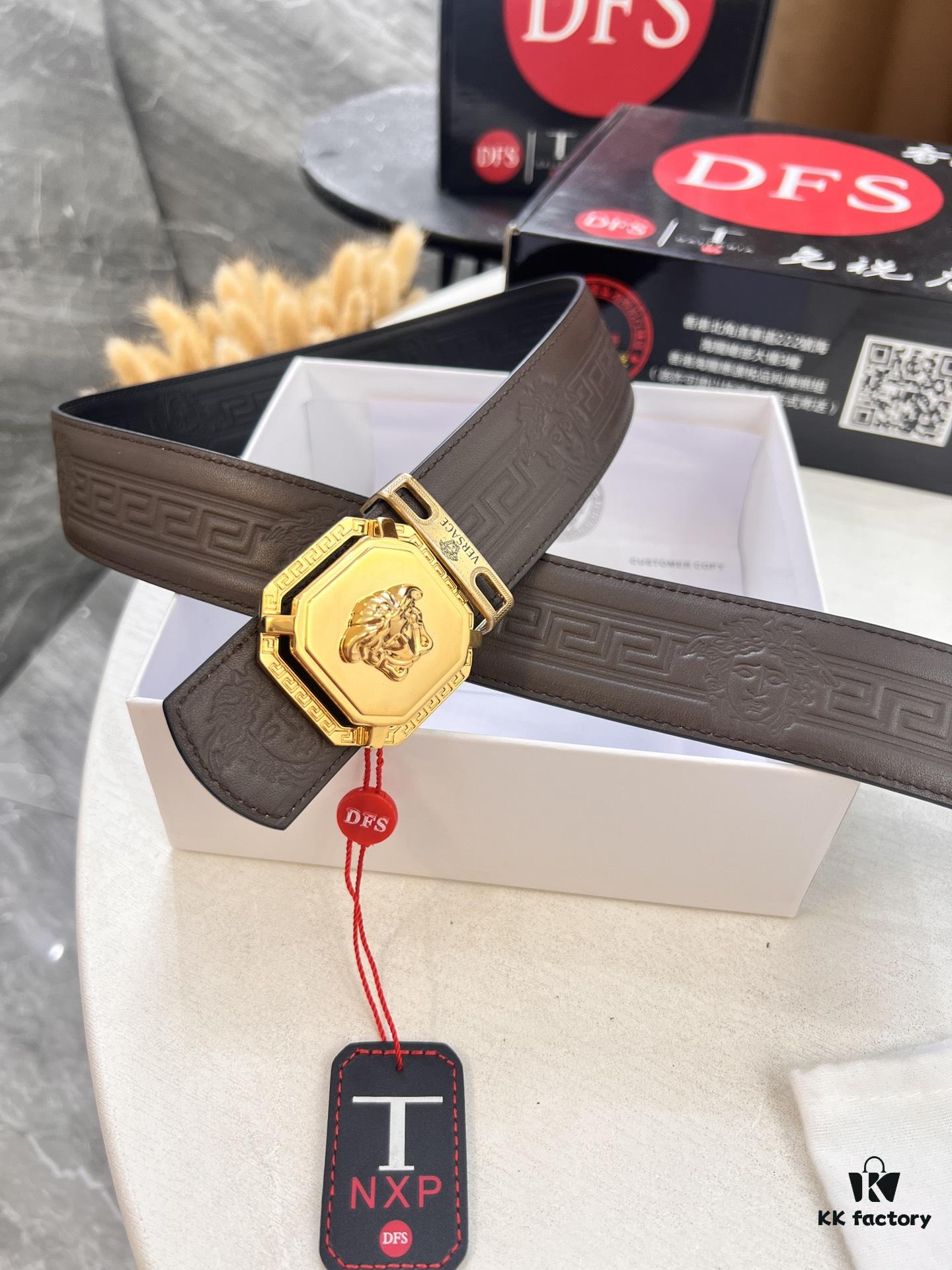 Versace Belt, New Style, Top-Quality First-Layer Cowhide with Medusa Embossing, Fashionable Soft Leather, Reversible Design, Stainless Steel Hardware, 3.8cm Width