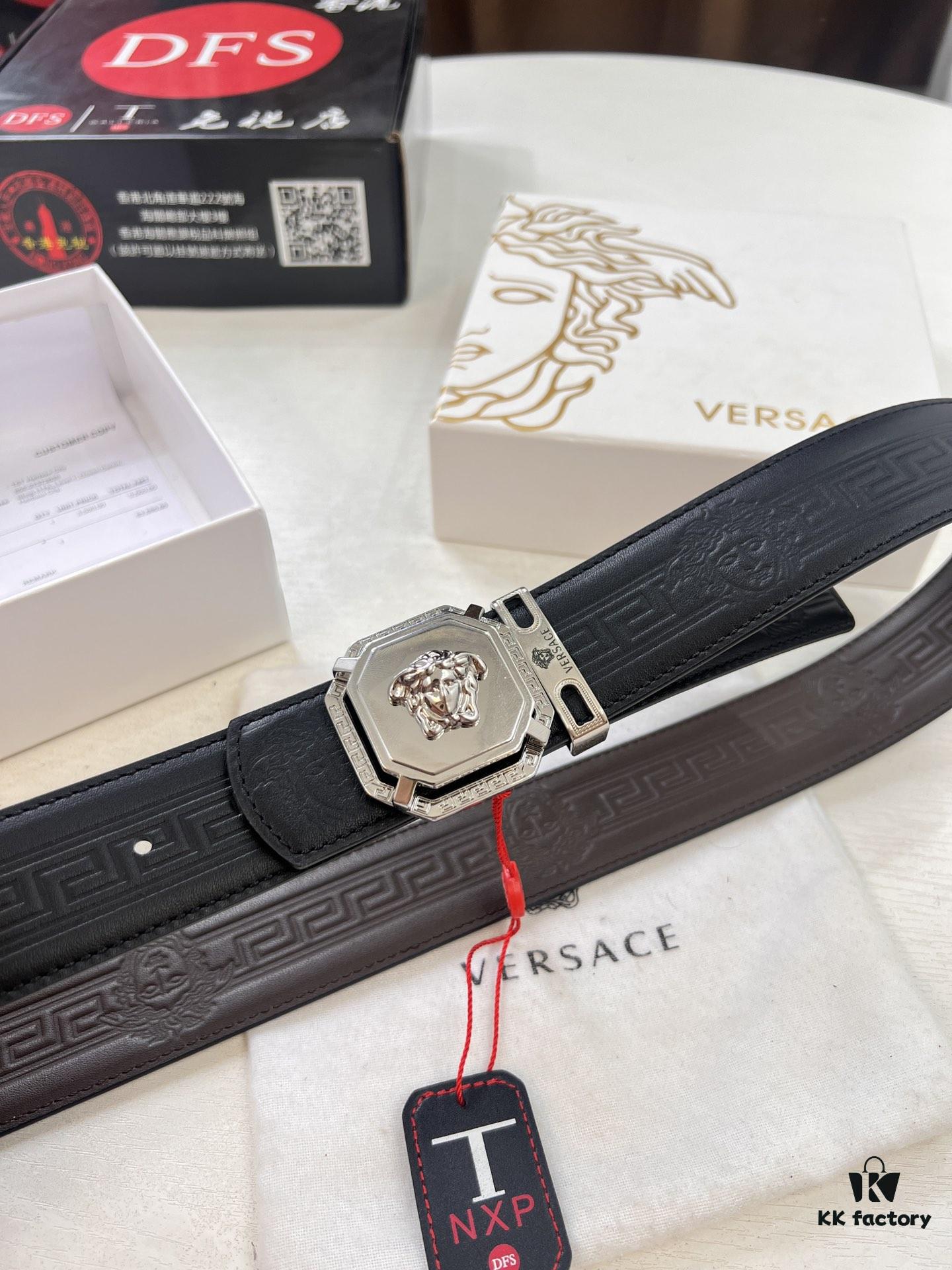 693201cd3a89a121ed5508aa Versace Belt, New Style, Top-Quality Full-Grain Calfskin with Medusa Embossing, Fashionable Design, Soft Leather Feel, Reversible Use, Stainless Steel Hardware, 3.8cm Width