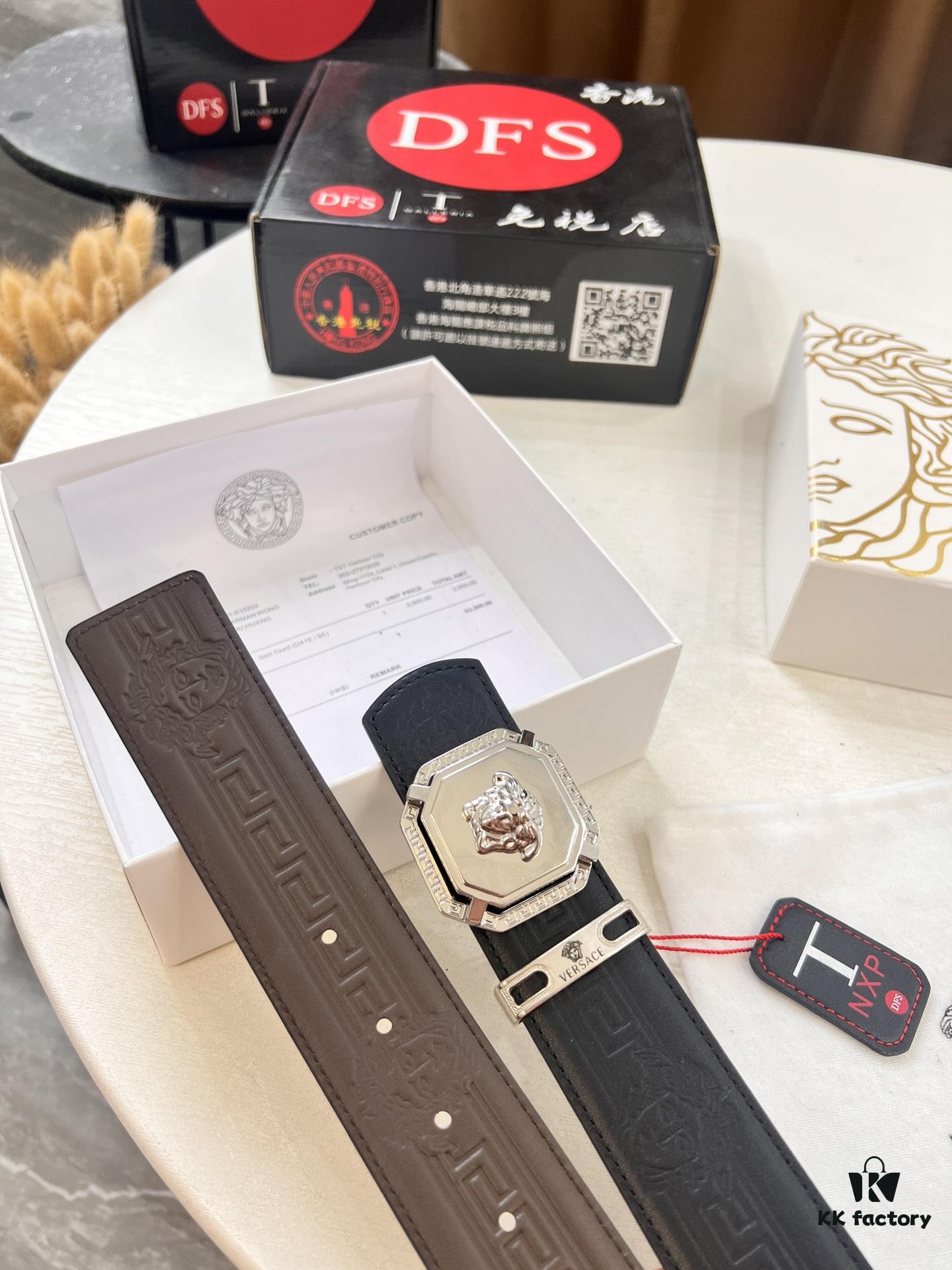 693201cd3a89a121ed5508ab Versace Belt, New Style, Top-Quality Full-Grain Calfskin with Medusa Embossing, Fashionable Design, Soft Leather Feel, Reversible Use, Stainless Steel Hardware, 3.8cm Width