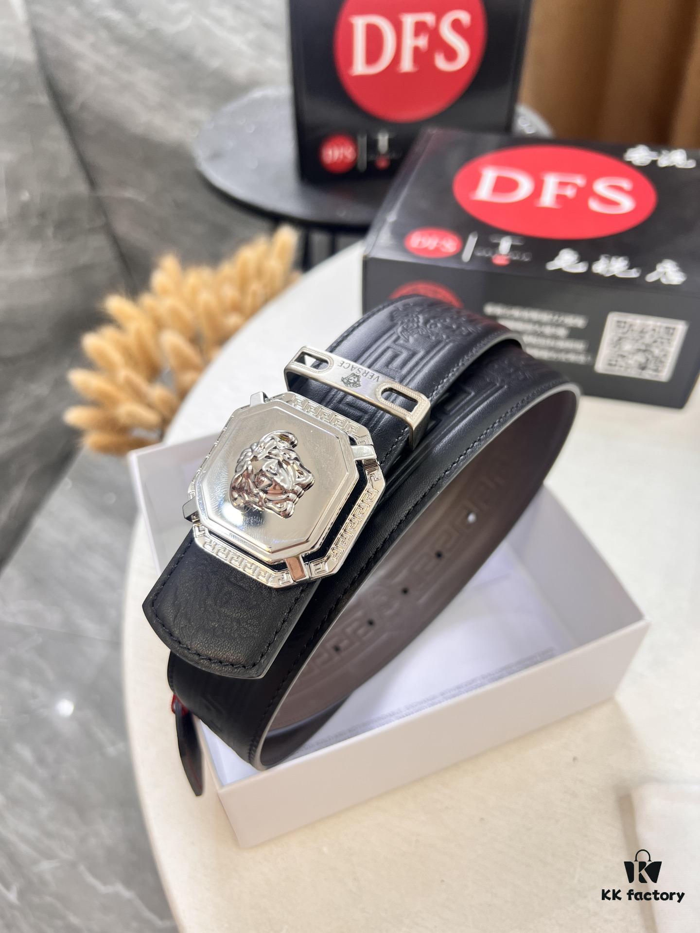 693201cd3a89a121ed5508ac Versace Belt, New Style, Top-Quality Full-Grain Calfskin with Medusa Embossing, Fashionable Design, Soft Leather Feel, Reversible Use, Stainless Steel Hardware, 3.8cm Width