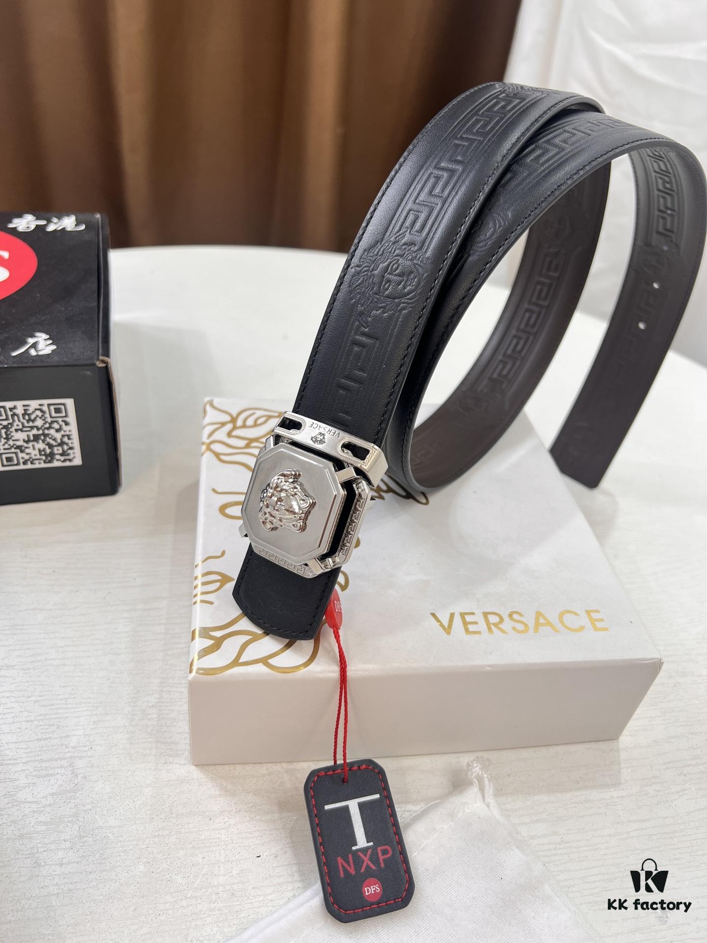 693201cd3a89a121ed5508ad Versace Belt, New Style, Top-Quality Full-Grain Calfskin with Medusa Embossing, Fashionable Design, Soft Leather Feel, Reversible Use, Stainless Steel Hardware, 3.8cm Width