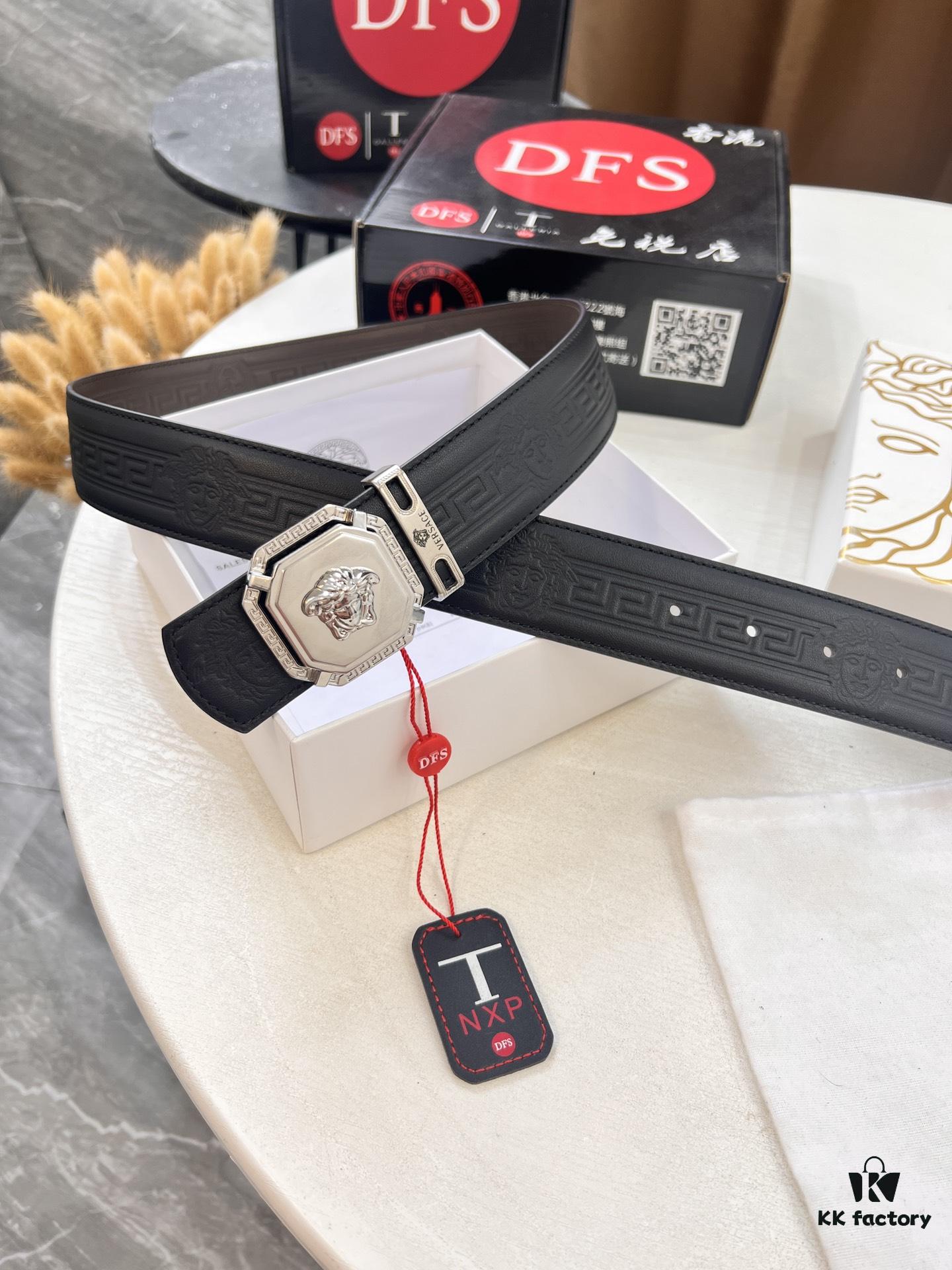 693201cd3a89a121ed5508ae Versace Belt, New Style, Top-Quality Full-Grain Calfskin with Medusa Embossing, Fashionable Design, Soft Leather Feel, Reversible Use, Stainless Steel Hardware, 3.8cm Width