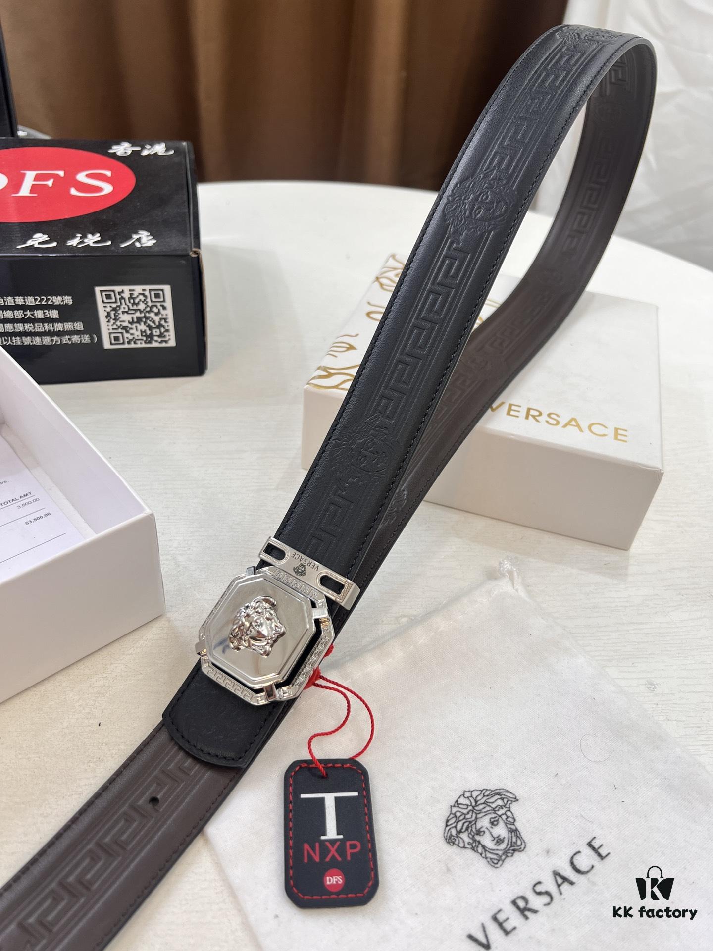 693201cd3a89a121ed5508af Versace Belt, New Style, Top-Quality Full-Grain Calfskin with Medusa Embossing, Fashionable Design, Soft Leather Feel, Reversible Use, Stainless Steel Hardware, 3.8cm Width