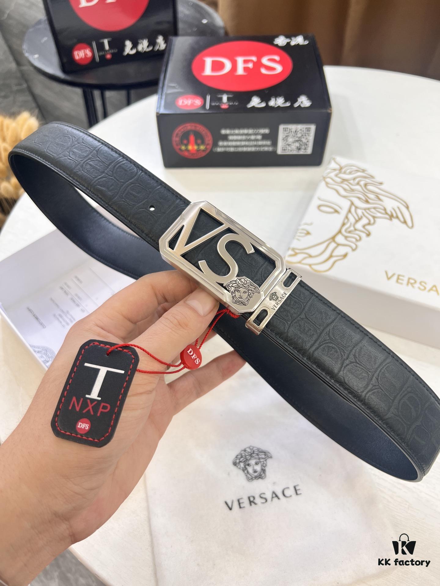 693201d03a89a121ed5508be Versace Belt, Genuine Italian Crocodile Grain Top Layer Calfskin Leather, Hollow Stainless Steel Hardware, 3.8cm Width, Duty-Free Hong Kong T Gift Box Edition 🎁