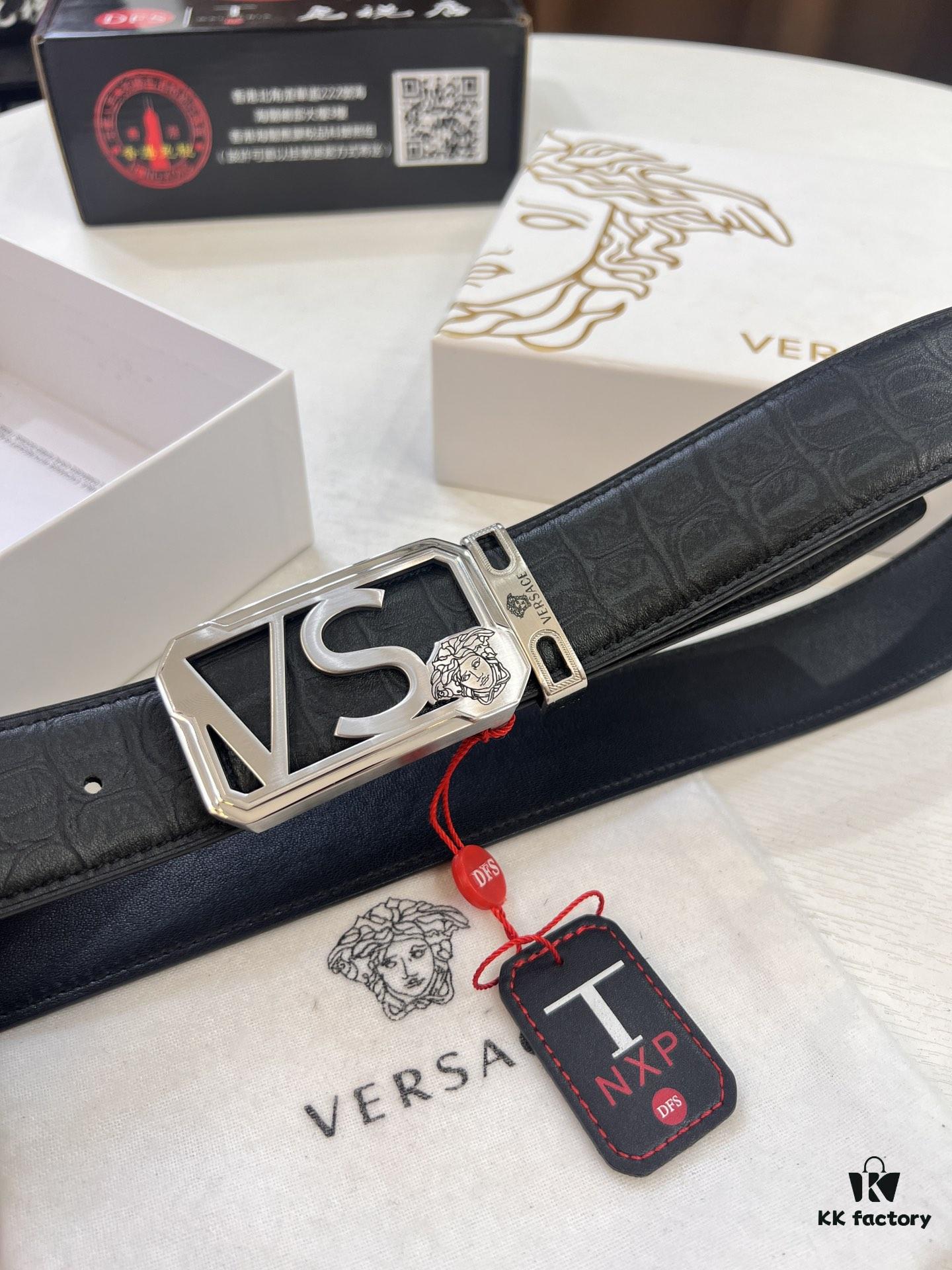 693201d03a89a121ed5508bf Versace Belt, Genuine Italian Crocodile Grain Top Layer Calfskin Leather, Hollow Stainless Steel Hardware, 3.8cm Width, Duty-Free Hong Kong T Gift Box Edition 🎁