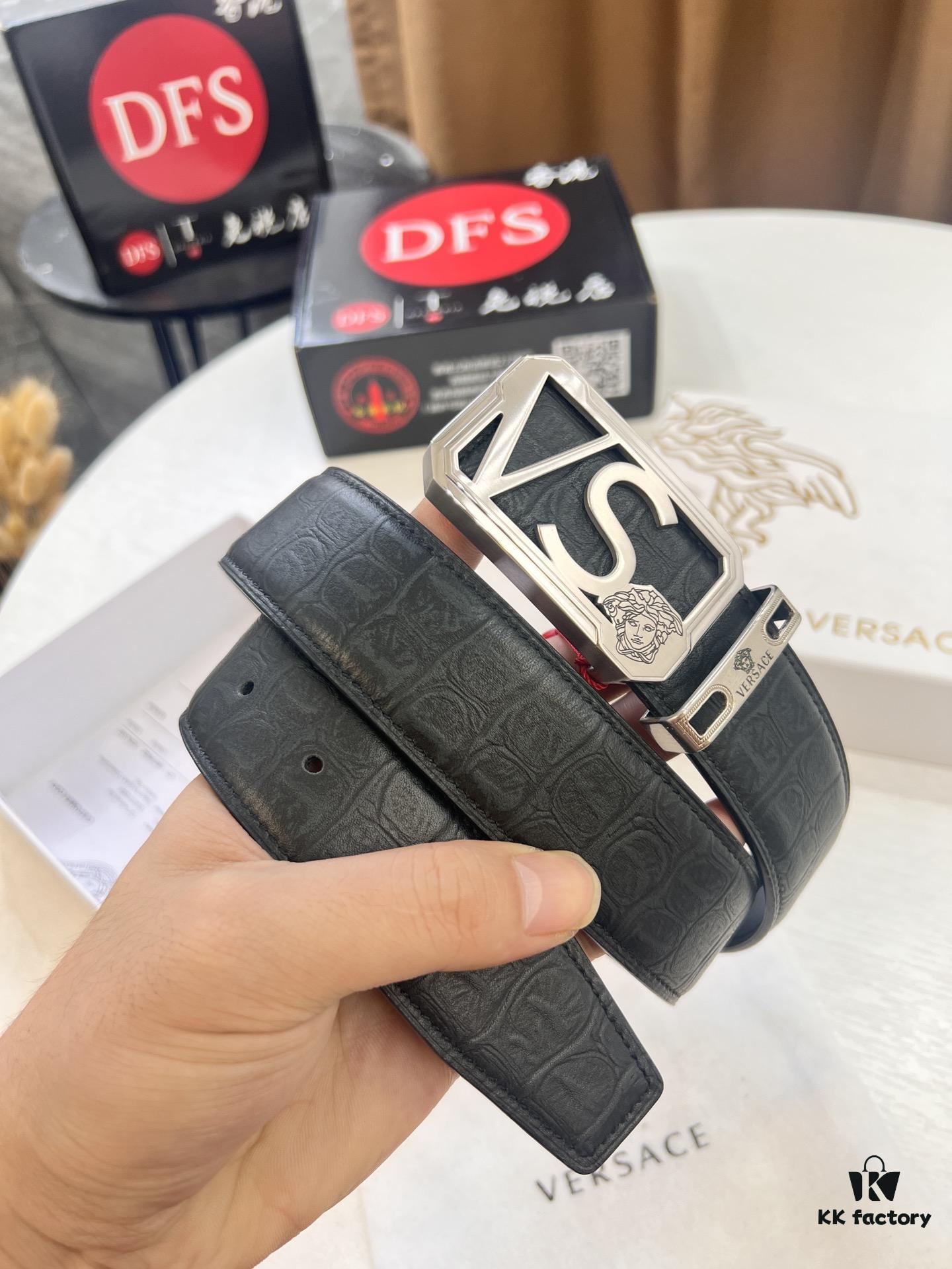 693201d03a89a121ed5508c0 Versace Belt, Genuine Italian Crocodile Grain Top Layer Calfskin Leather, Hollow Stainless Steel Hardware, 3.8cm Width, Duty-Free Hong Kong T Gift Box Edition 🎁