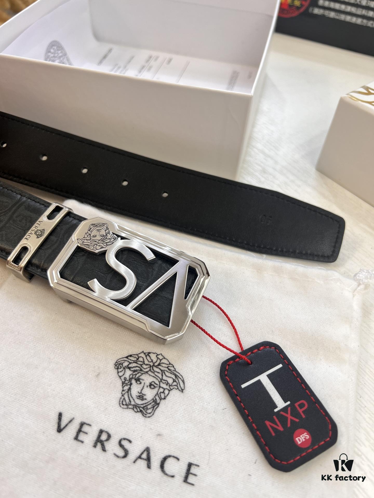 693201d03a89a121ed5508c1 Versace Belt, Genuine Italian Crocodile Grain Top Layer Calfskin Leather, Hollow Stainless Steel Hardware, 3.8cm Width, Duty-Free Hong Kong T Gift Box Edition 🎁