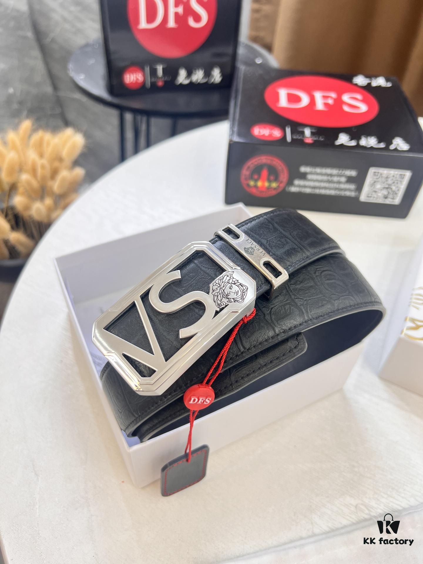 693201d03a89a121ed5508c2 Versace Belt, Genuine Italian Crocodile Grain Top Layer Calfskin Leather, Hollow Stainless Steel Hardware, 3.8cm Width, Duty-Free Hong Kong T Gift Box Edition 🎁