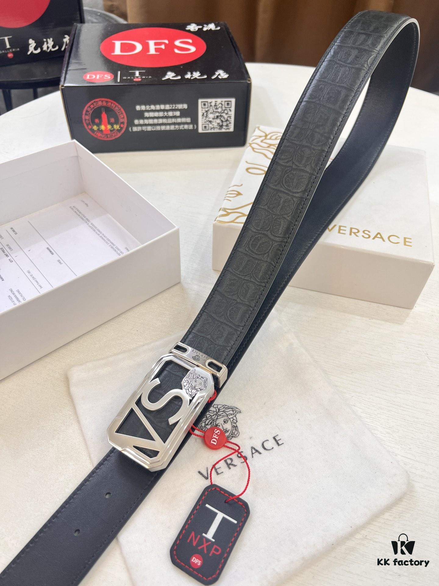 693201d03a89a121ed5508c3 Versace Belt, Genuine Italian Crocodile Grain Top Layer Calfskin Leather, Hollow Stainless Steel Hardware, 3.8cm Width, Duty-Free Hong Kong T Gift Box Edition 🎁