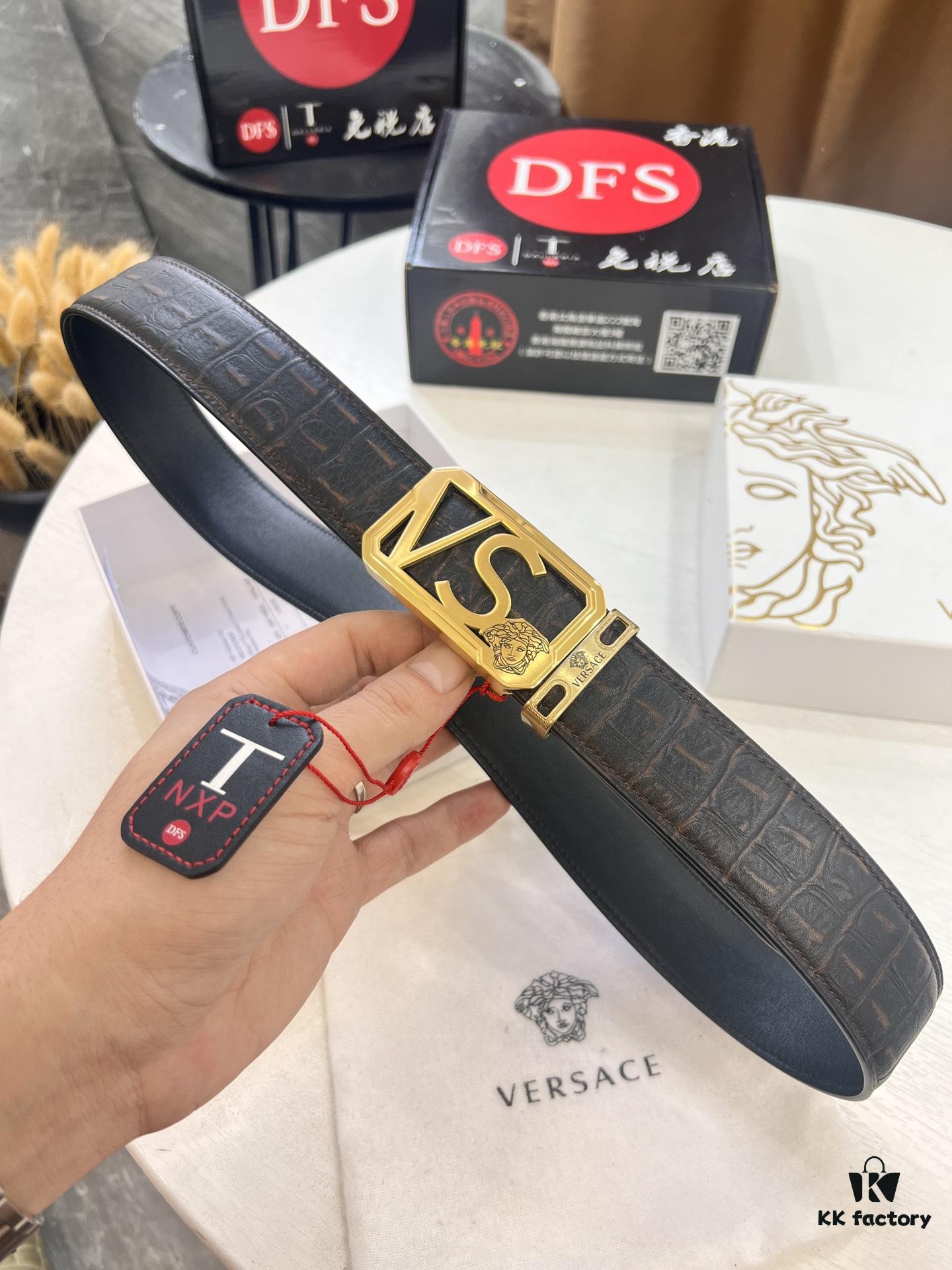 693201d03a89a121ed5508c5 Versace Belt, Genuine Italian Crocodile Grain Top Layer Calfskin, Hollow Stainless Steel Hardware, 3.8cm Width, Duty-Free Authentic Product