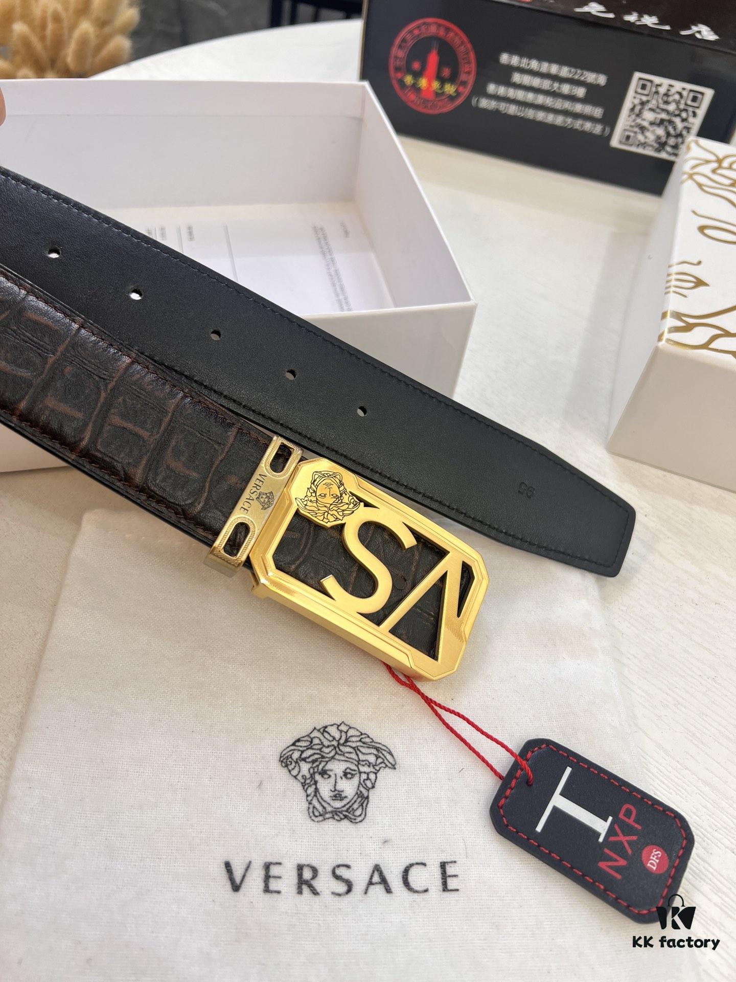 693201d03a89a121ed5508c6 Versace Belt, Genuine Italian Crocodile Grain Top Layer Calfskin, Hollow Stainless Steel Hardware, 3.8cm Width, Duty-Free Authentic Product