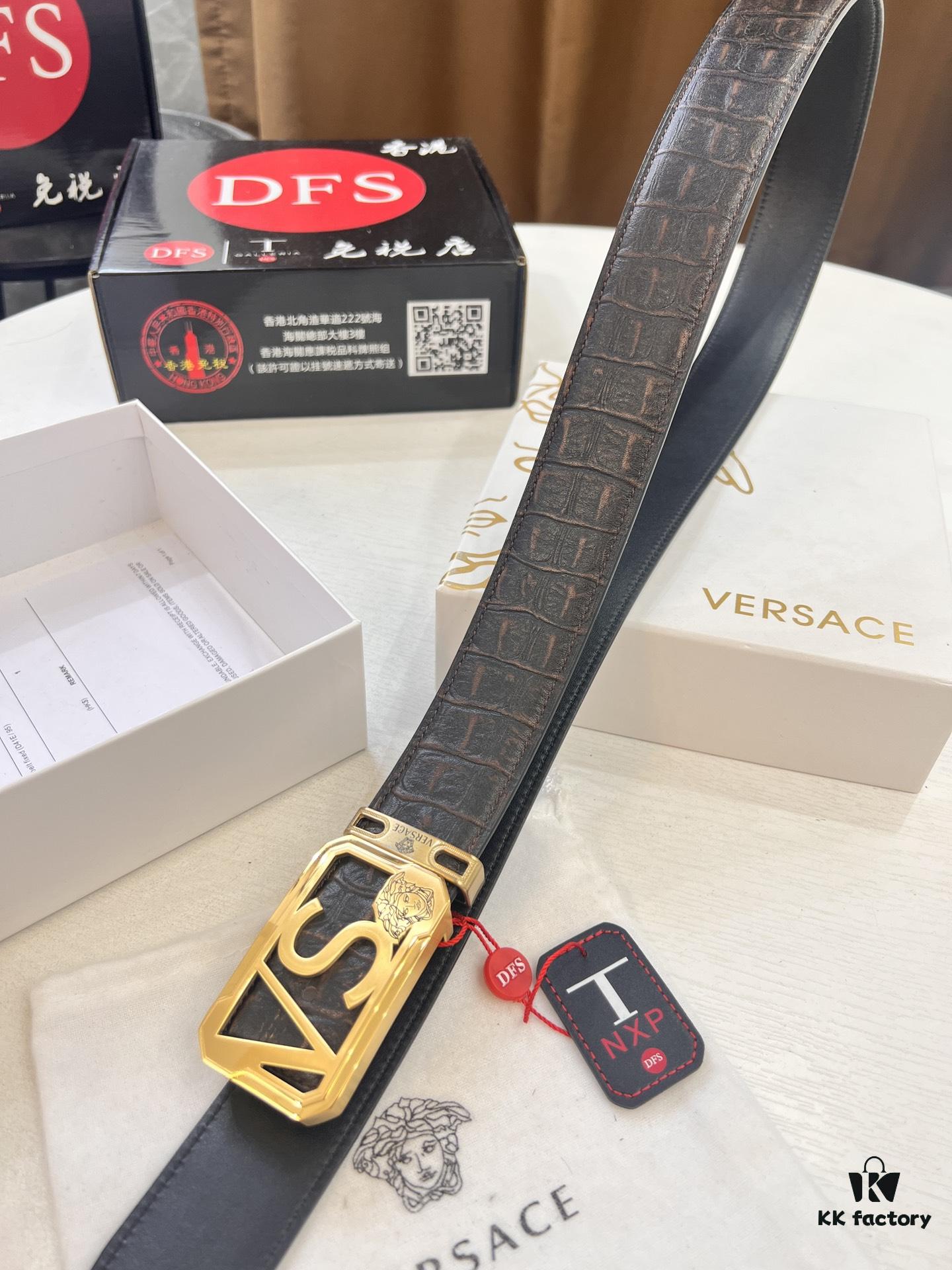 693201d03a89a121ed5508c7 Versace Belt, Genuine Italian Crocodile Grain Top Layer Calfskin, Hollow Stainless Steel Hardware, 3.8cm Width, Duty-Free Authentic Product
