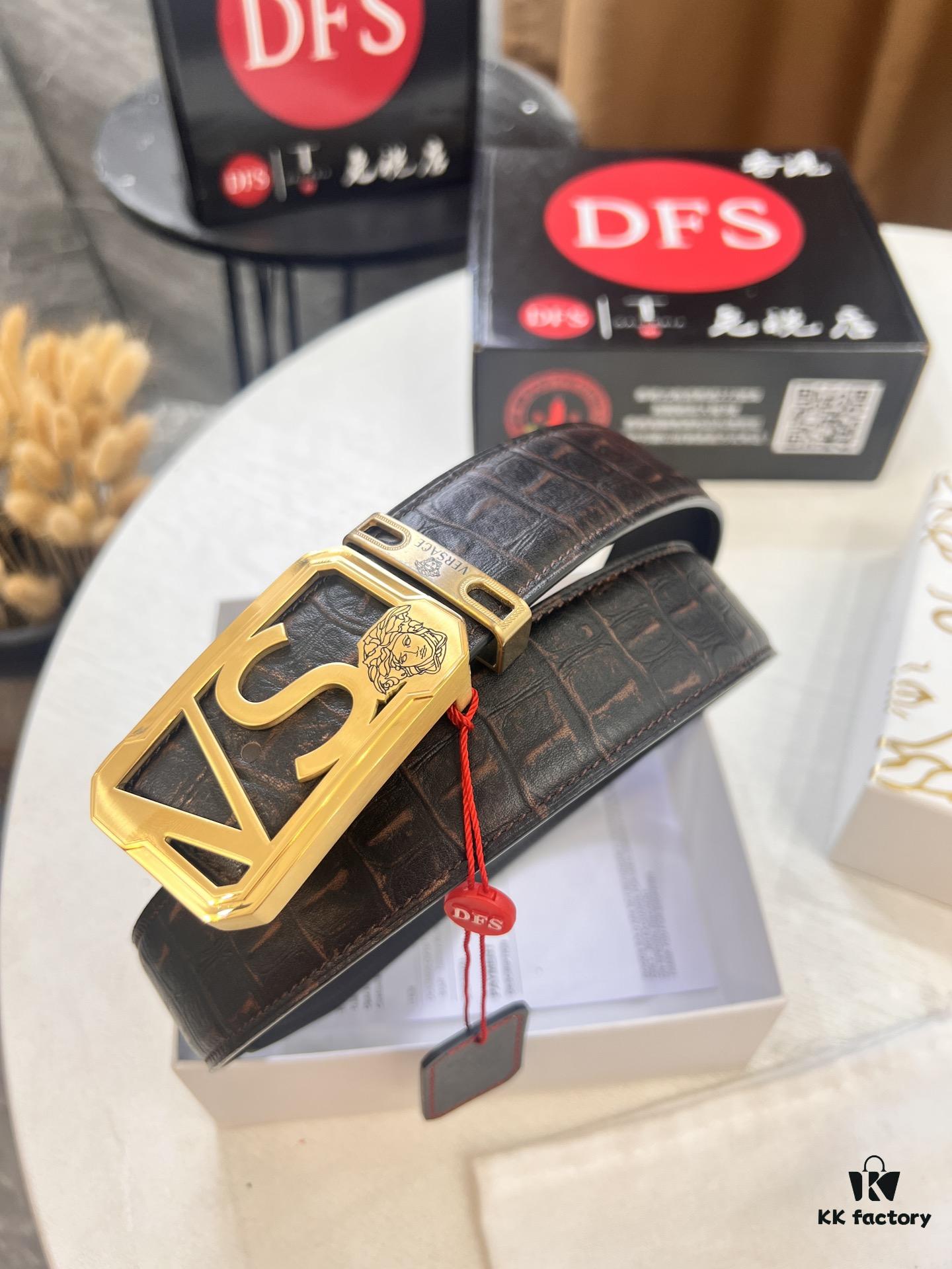 693201d03a89a121ed5508c8 Versace Belt, Genuine Italian Crocodile Grain Top Layer Calfskin, Hollow Stainless Steel Hardware, 3.8cm Width, Duty-Free Authentic Product