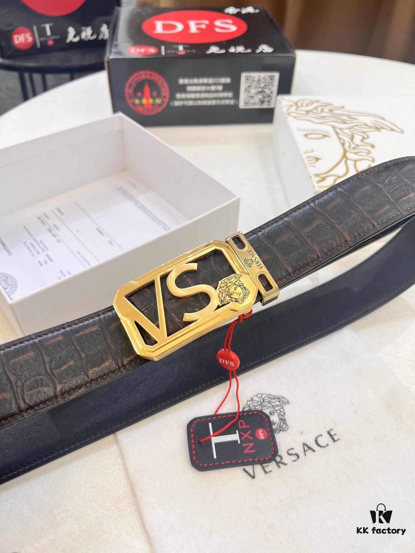 693201d03a89a121ed5508c9 Versace Belt, Genuine Italian Crocodile Grain Top Layer Calfskin, Hollow Stainless Steel Hardware, 3.8cm Width, Duty-Free Authentic Product