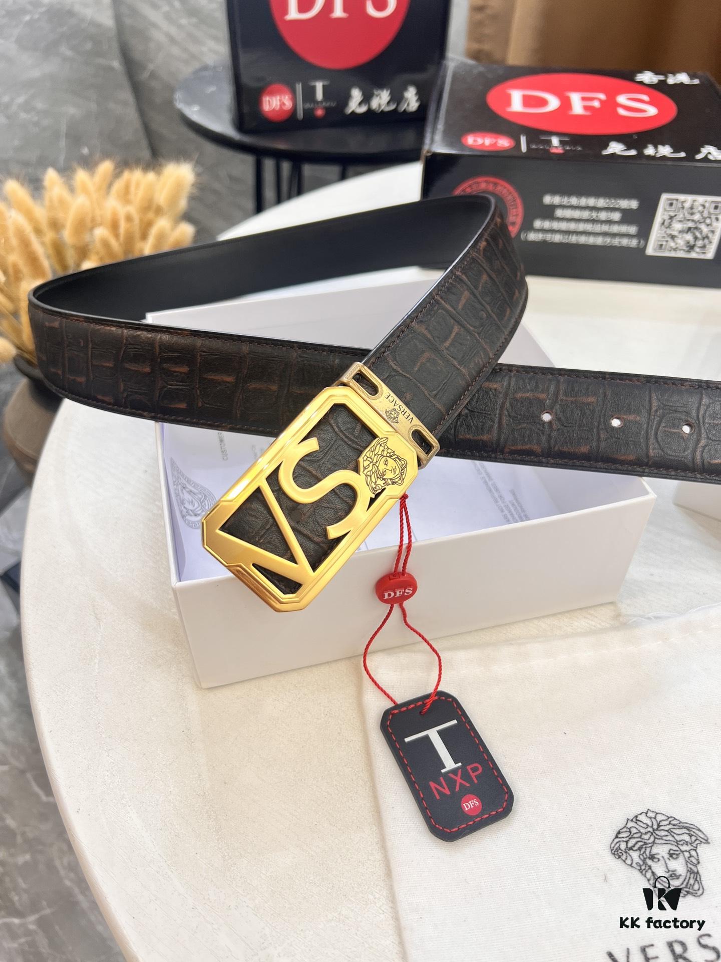 693201d03a89a121ed5508ca Versace Belt, Genuine Italian Crocodile Grain Top Layer Calfskin, Hollow Stainless Steel Hardware, 3.8cm Width, Duty-Free Authentic Product
