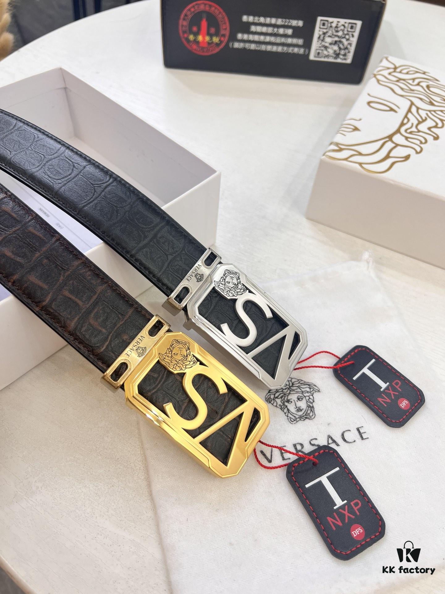 693201d13a89a121ed5508cb Versace Belt, Genuine Italian Crocodile Grain Top Layer Calfskin, Hollow Stainless Steel Hardware, 3.8cm Width, Duty-Free Authentic Product