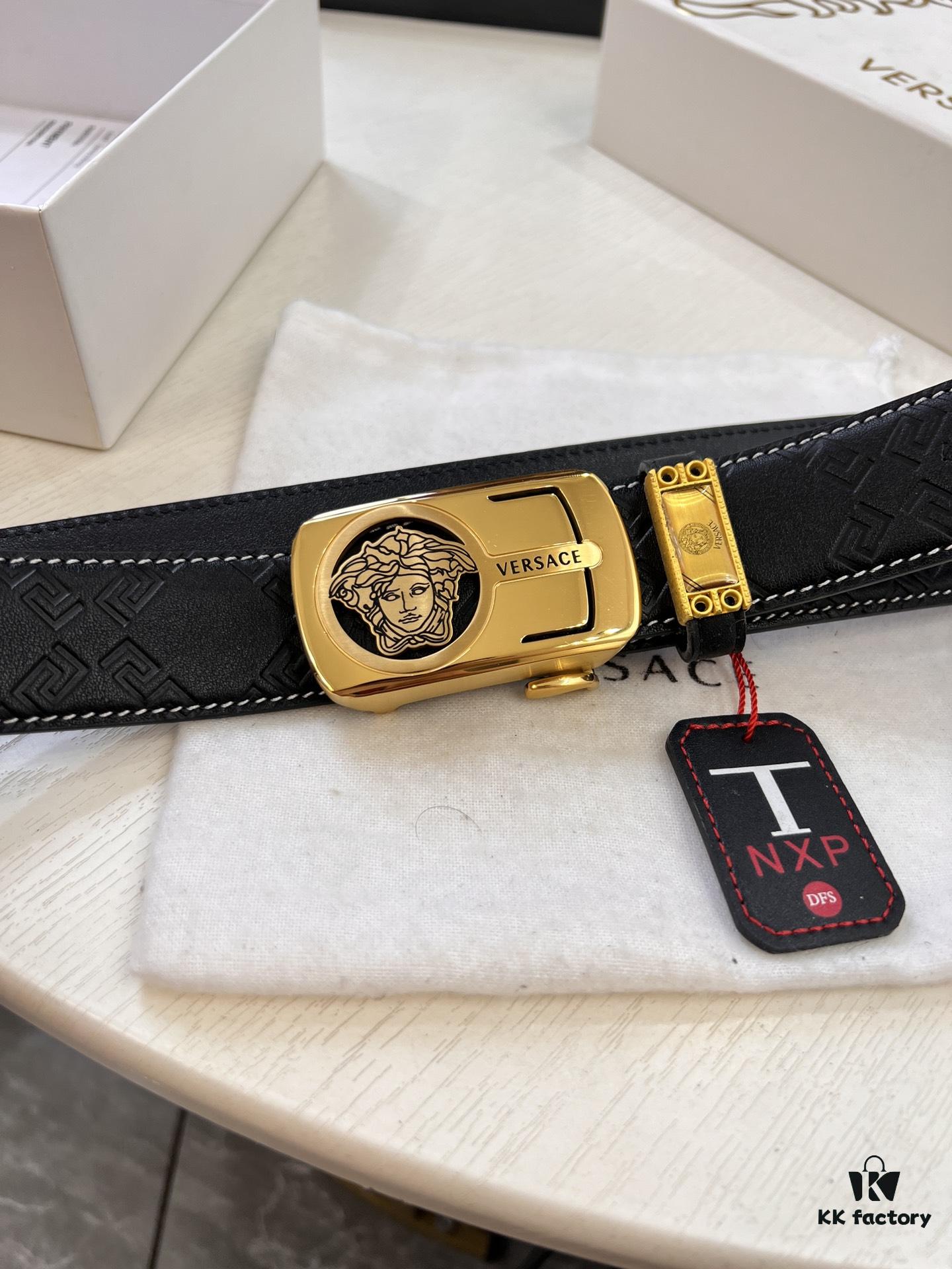 693201d23a89a121ed5508dc Versace Automatic Buckle Belt, Custom Embossed Top-Grade Imported Calfskin with Fine Grain, 3.5cm Width