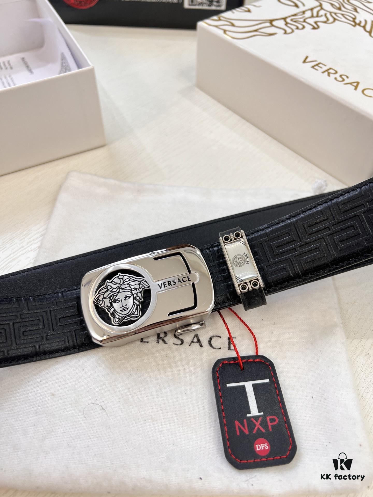 693201d23a89a121ed5508e2 Versace Automatic Buckle Belt, Custom Embossed Top Grain Imported Leather with Fine Calfskin, 3.5cm Width