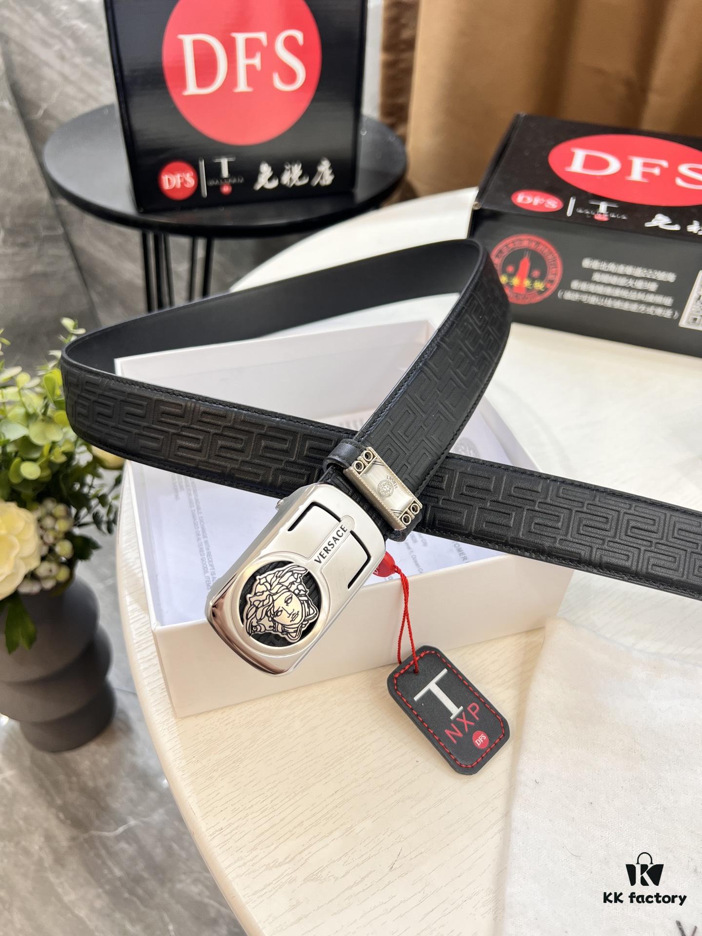 693201d33a89a121ed5508e6 Versace Automatic Buckle Belt, Custom Embossed Top Grain Imported Leather with Fine Calfskin, 3.5cm Width