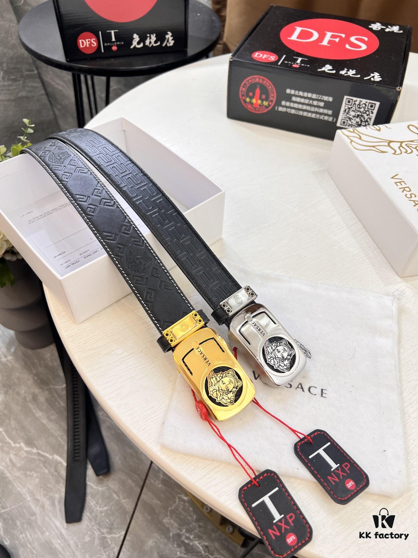 693201d33a89a121ed5508e7 Versace Automatic Buckle Belt, Custom Embossed Top Grain Imported Leather with Fine Calfskin, 3.5cm Width