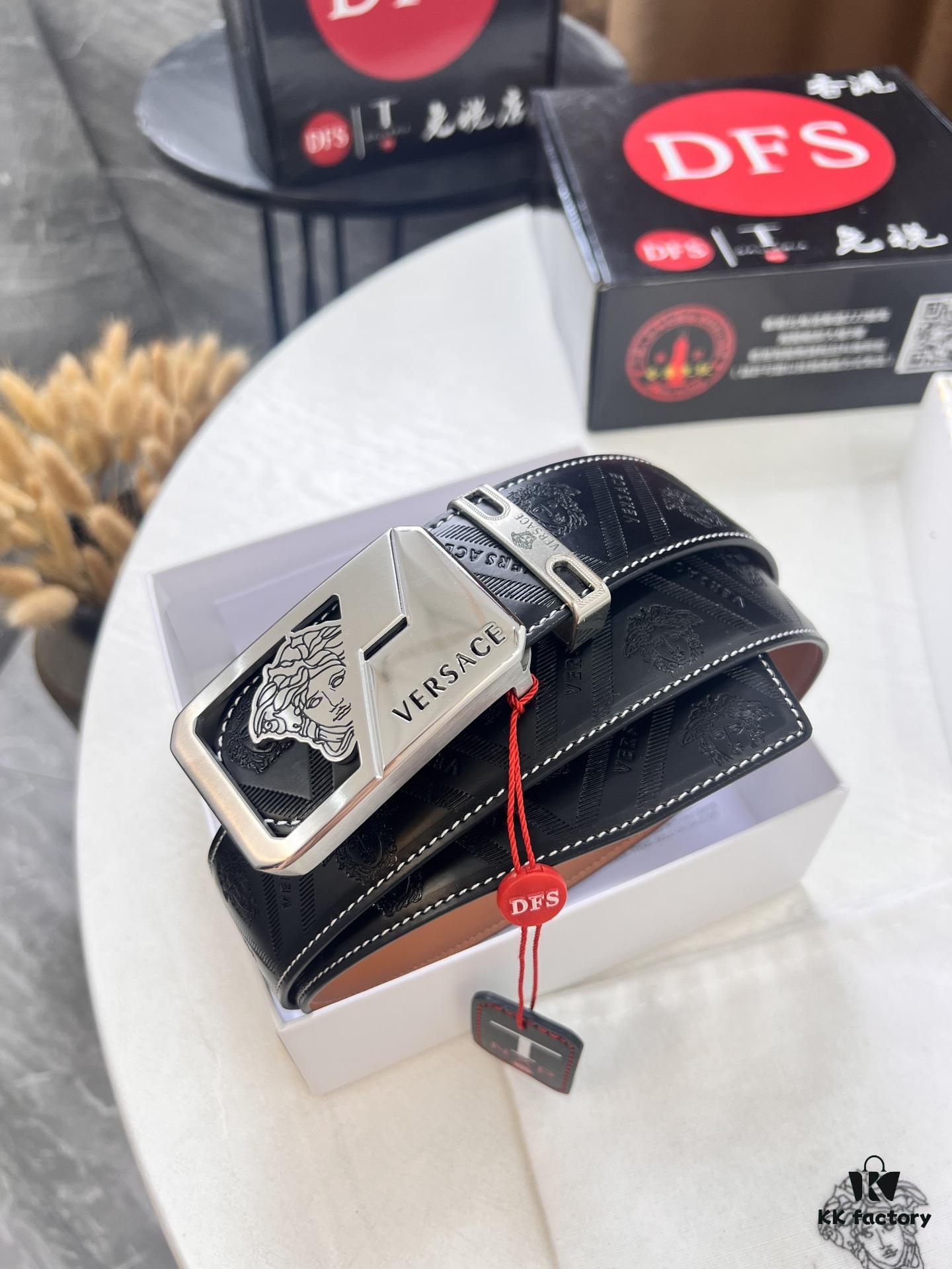 693201d33a89a121ed5508eb Versace Belt, New Arrival, Top-Quality Genuine Leather with Medusa Head Embossing, Soft Touch, Stainless Steel Hardware, Fashionable Streetwear Style, 3.8cm Width