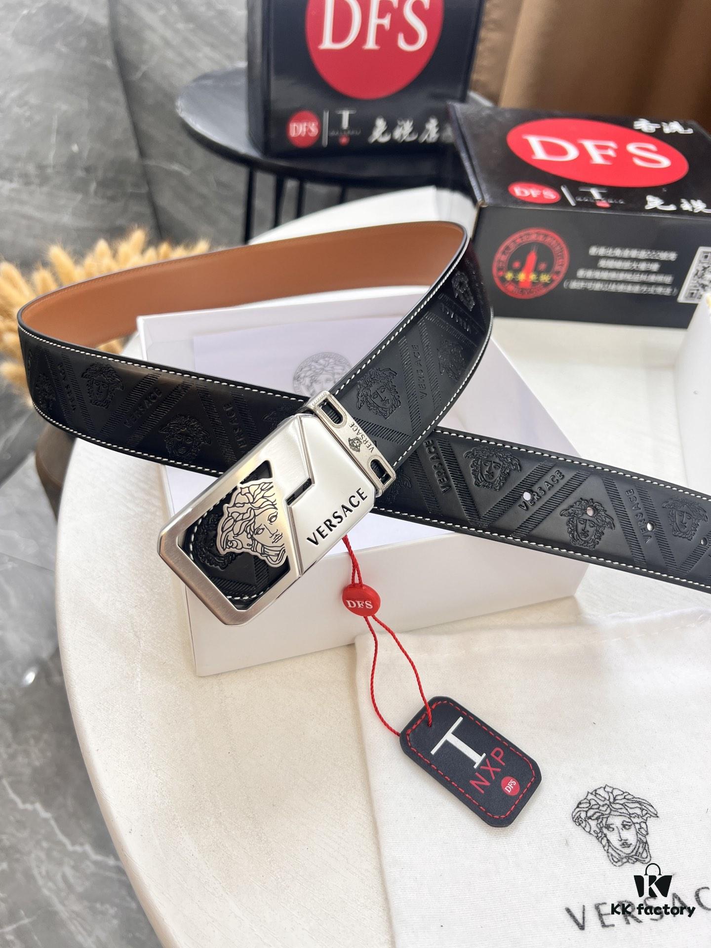 693201d33a89a121ed5508ed Versace Belt, New Arrival, Top-Quality Genuine Leather with Medusa Head Embossing, Soft Touch, Stainless Steel Hardware, Fashionable Streetwear Style, 3.8cm Width