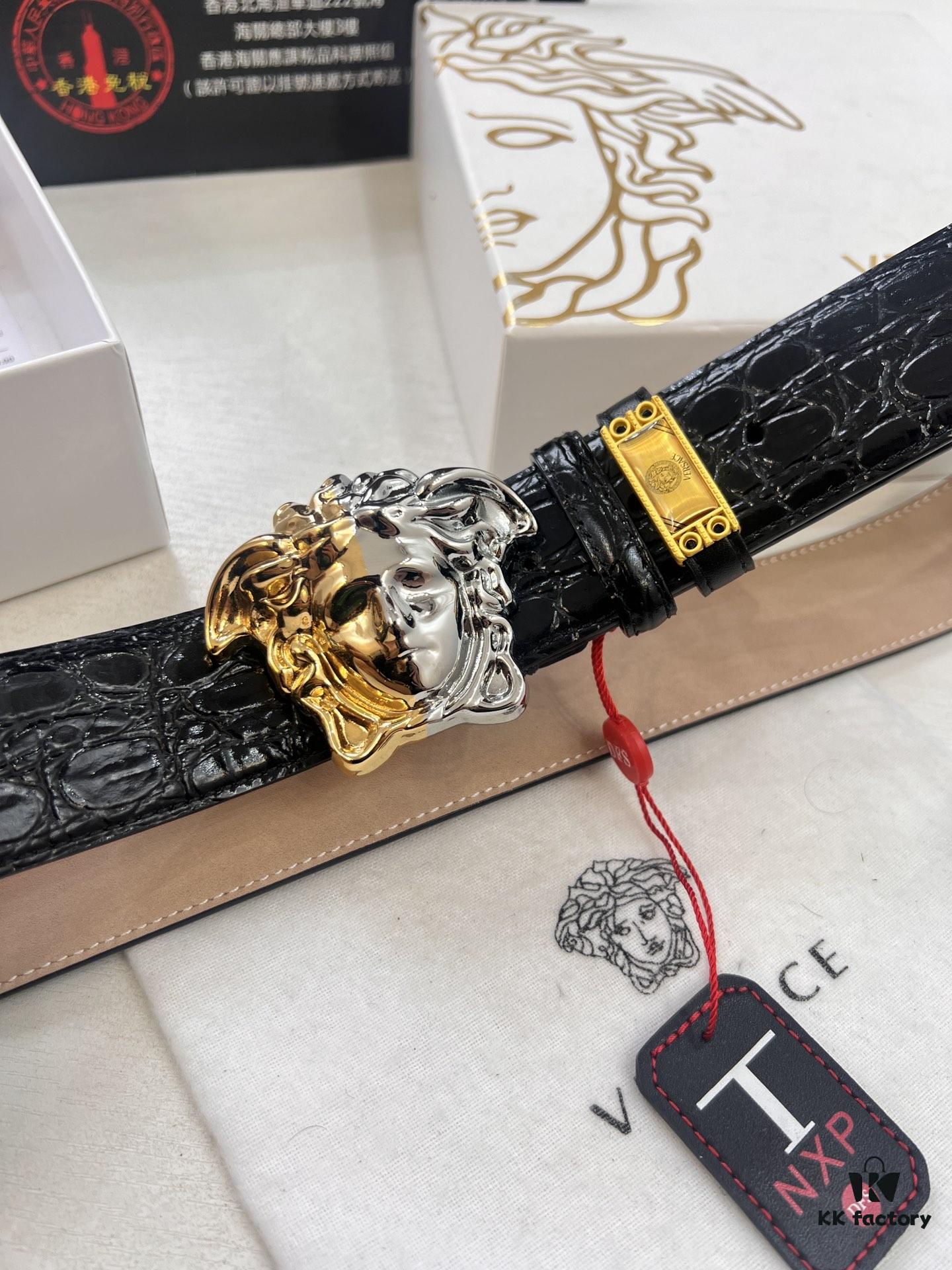 Versace Genuine Leather Belt with Medusa Buckle – Original Order, Italian Imported Calfskin, Crocodile Texture, 3.8cm Width