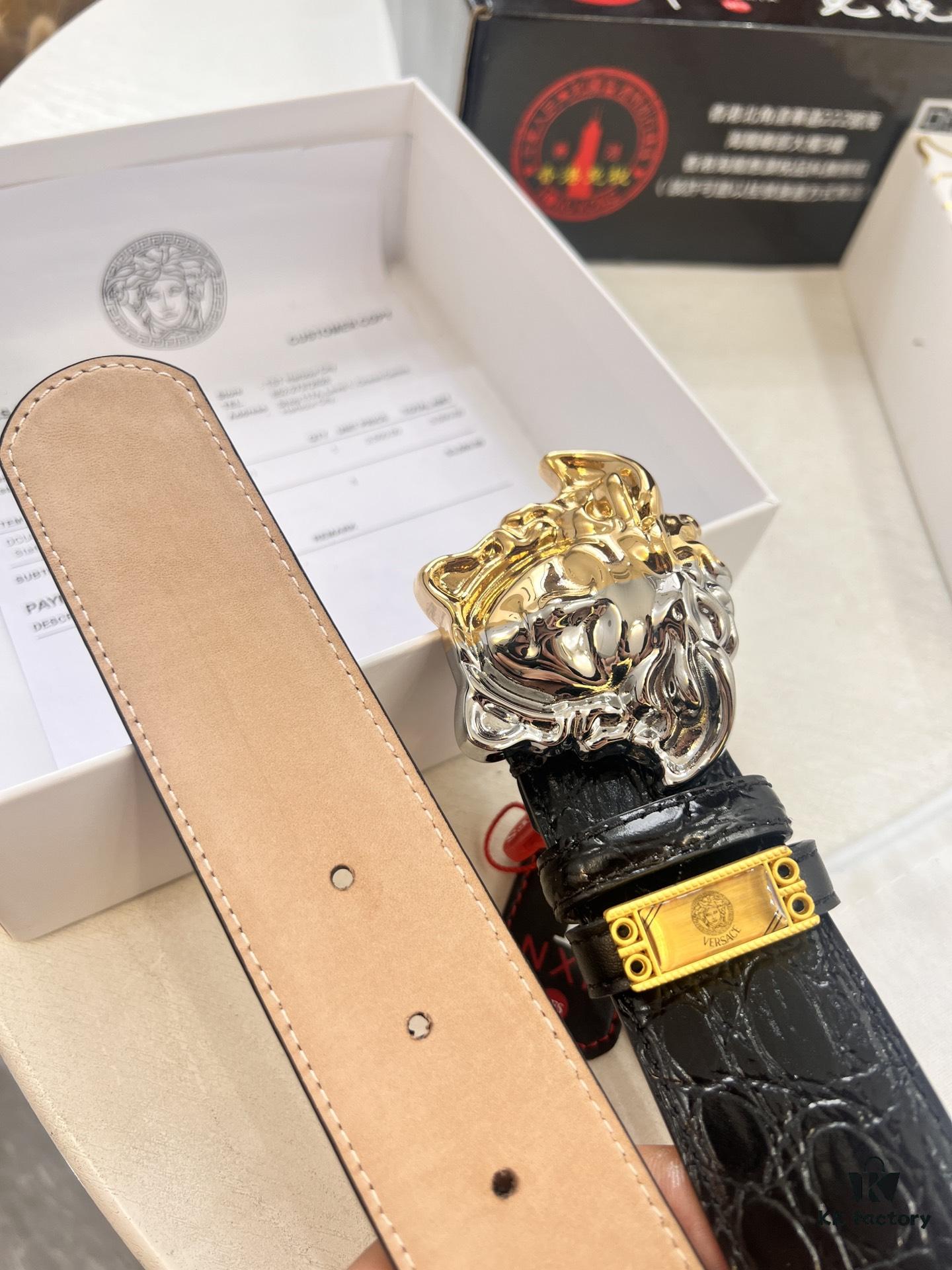 Versace Genuine Leather Belt with Medusa Buckle – Original Order, Italian Imported Calfskin, Crocodile Texture, 3.8cm Width