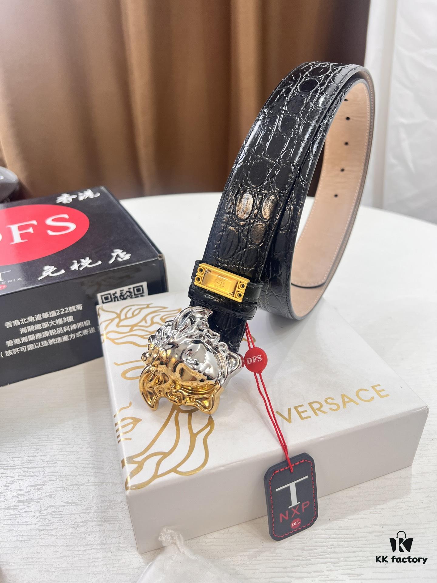 Versace Genuine Leather Belt with Medusa Buckle – Original Order, Italian Imported Calfskin, Crocodile Texture, 3.8cm Width
