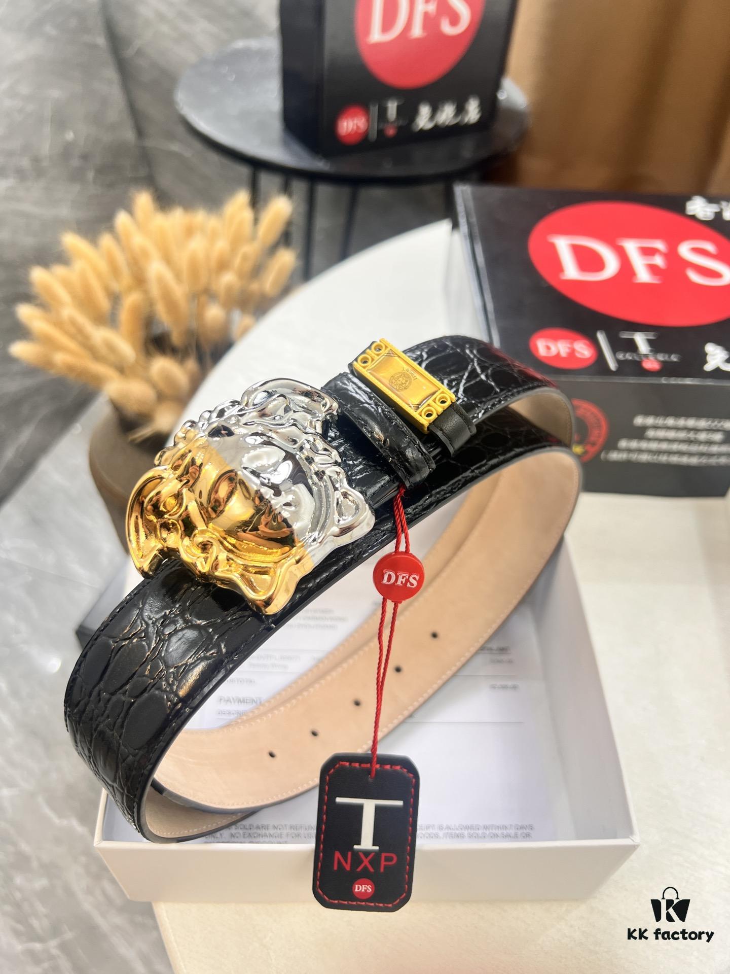 Versace Genuine Leather Belt with Medusa Buckle – Original Order, Italian Imported Calfskin, Crocodile Texture, 3.8cm Width
