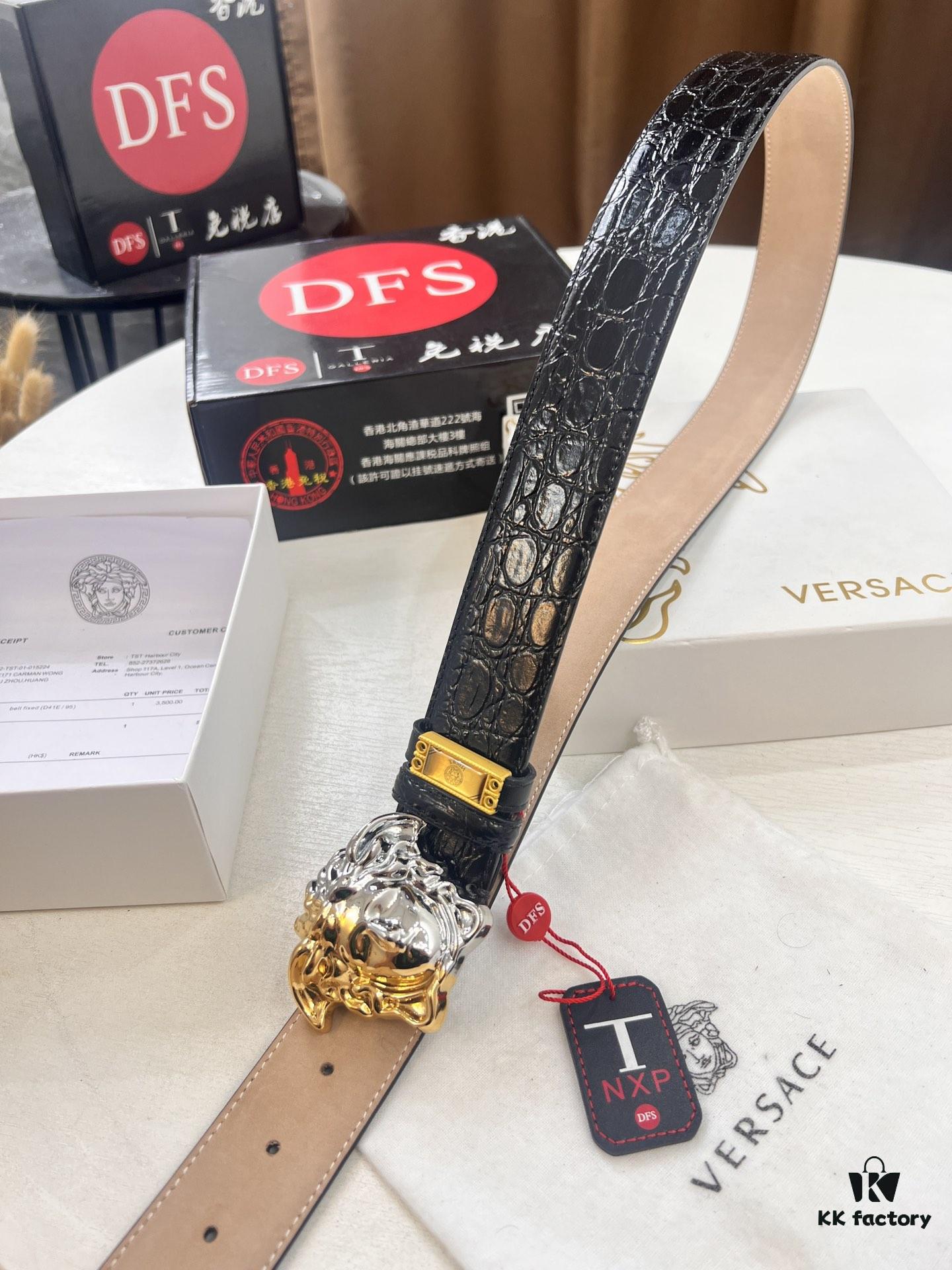 Versace Genuine Leather Belt with Medusa Buckle – Original Order, Italian Imported Calfskin, Crocodile Texture, 3.8cm Width