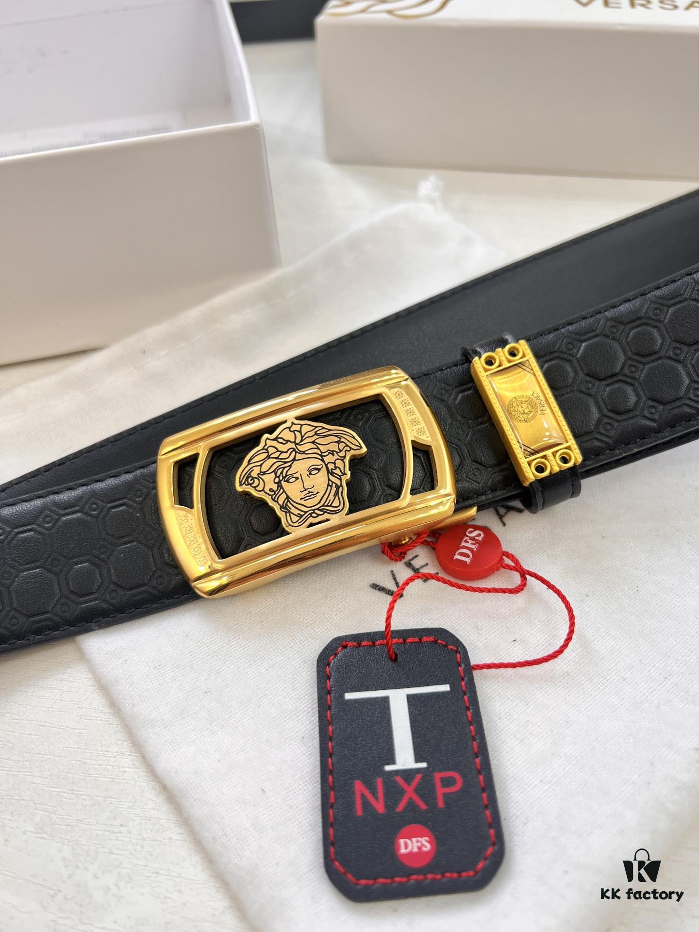 693201e83a89a121ed55091b Versace Automatic Buckle Belt, Custom Embossed Top-Grain Imported Leather, Fine Calfskin with Wax Thread Stitching, 3.5 cm Width, Premium Quality Business Formal Accessory