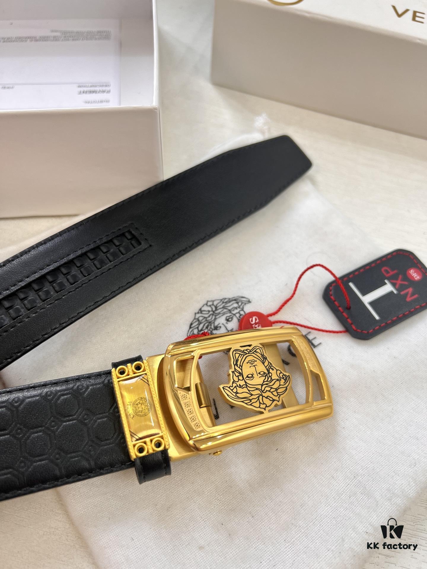 693201e83a89a121ed55091c Versace Automatic Buckle Belt, Custom Embossed Top-Grain Imported Leather, Fine Calfskin with Wax Thread Stitching, 3.5 cm Width, Premium Quality Business Formal Accessory