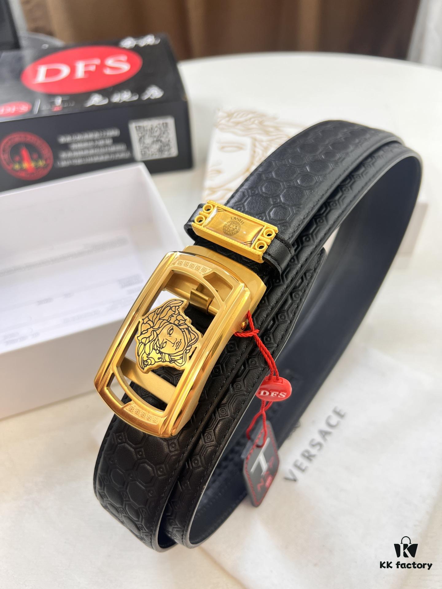 693201e83a89a121ed55091d Versace Automatic Buckle Belt, Custom Embossed Top-Grain Imported Leather, Fine Calfskin with Wax Thread Stitching, 3.5 cm Width, Premium Quality Business Formal Accessory
