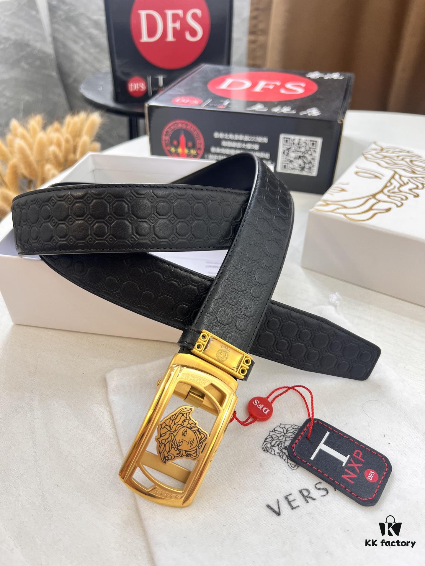 693201e83a89a121ed55091e Versace Automatic Buckle Belt, Custom Embossed Top-Grain Imported Leather, Fine Calfskin with Wax Thread Stitching, 3.5 cm Width, Premium Quality Business Formal Accessory