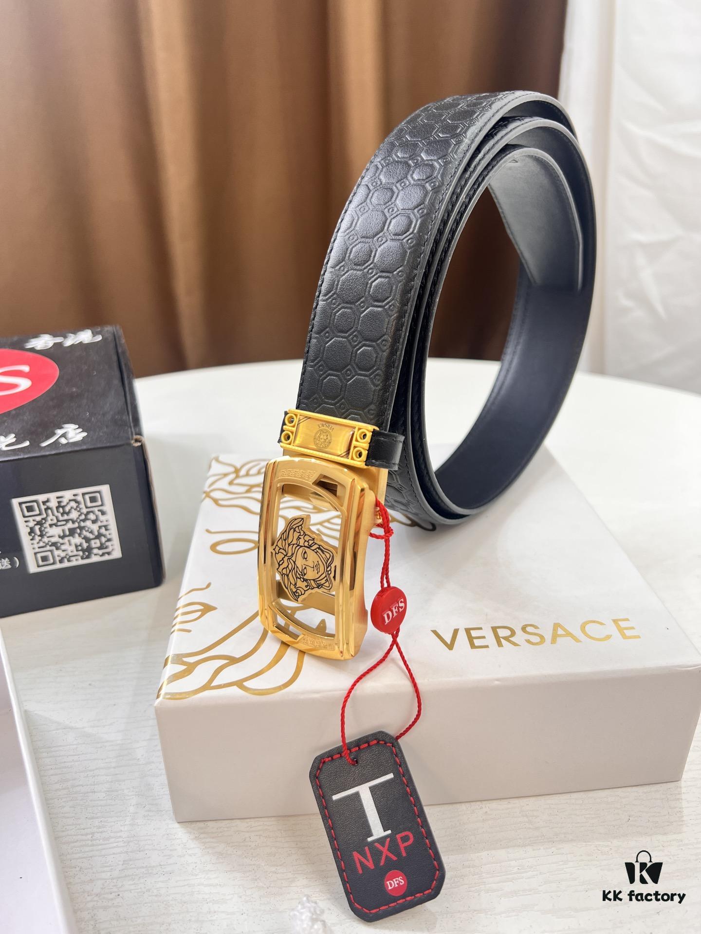 693201e83a89a121ed55091f Versace Automatic Buckle Belt, Custom Embossed Top-Grain Imported Leather, Fine Calfskin with Wax Thread Stitching, 3.5 cm Width, Premium Quality Business Formal Accessory