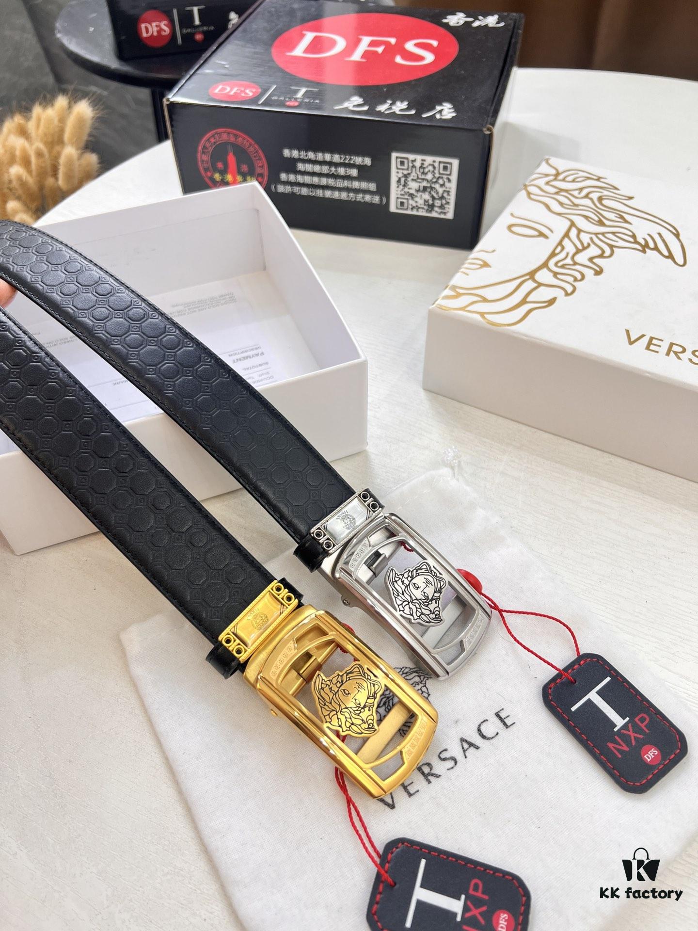 693201e83a89a121ed550920 Versace Automatic Buckle Belt, Custom Embossed Top-Grain Imported Leather, Fine Calfskin with Wax Thread Stitching, 3.5 cm Width, Premium Quality Business Formal Accessory