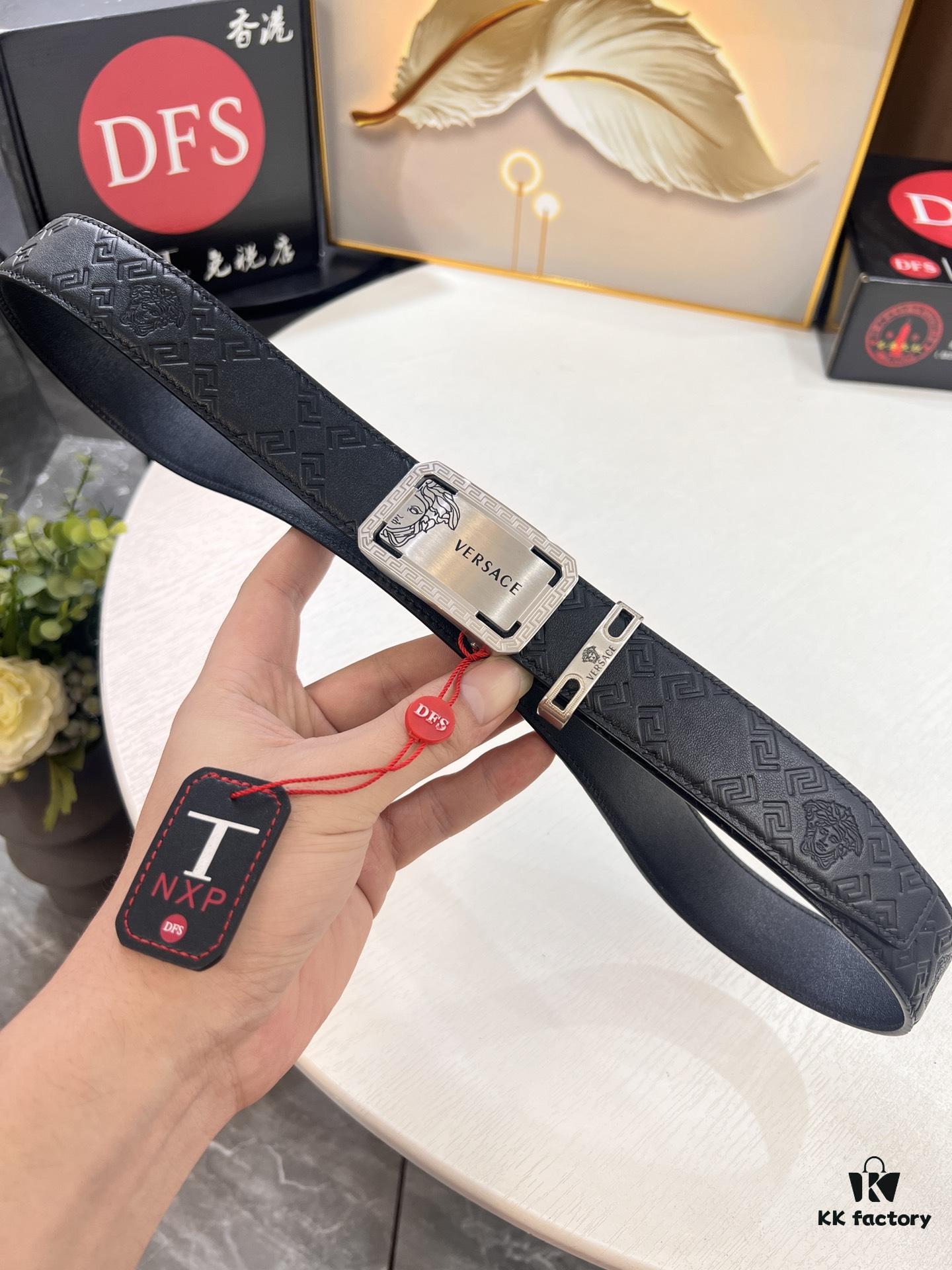 693201ea3a89a121ed550921 VERSACE Automatic Buckle Belt - Premium Top Grain Imported Leather with Medusa Embossing, 3.5cm Width, Smooth Slide Track Clasp