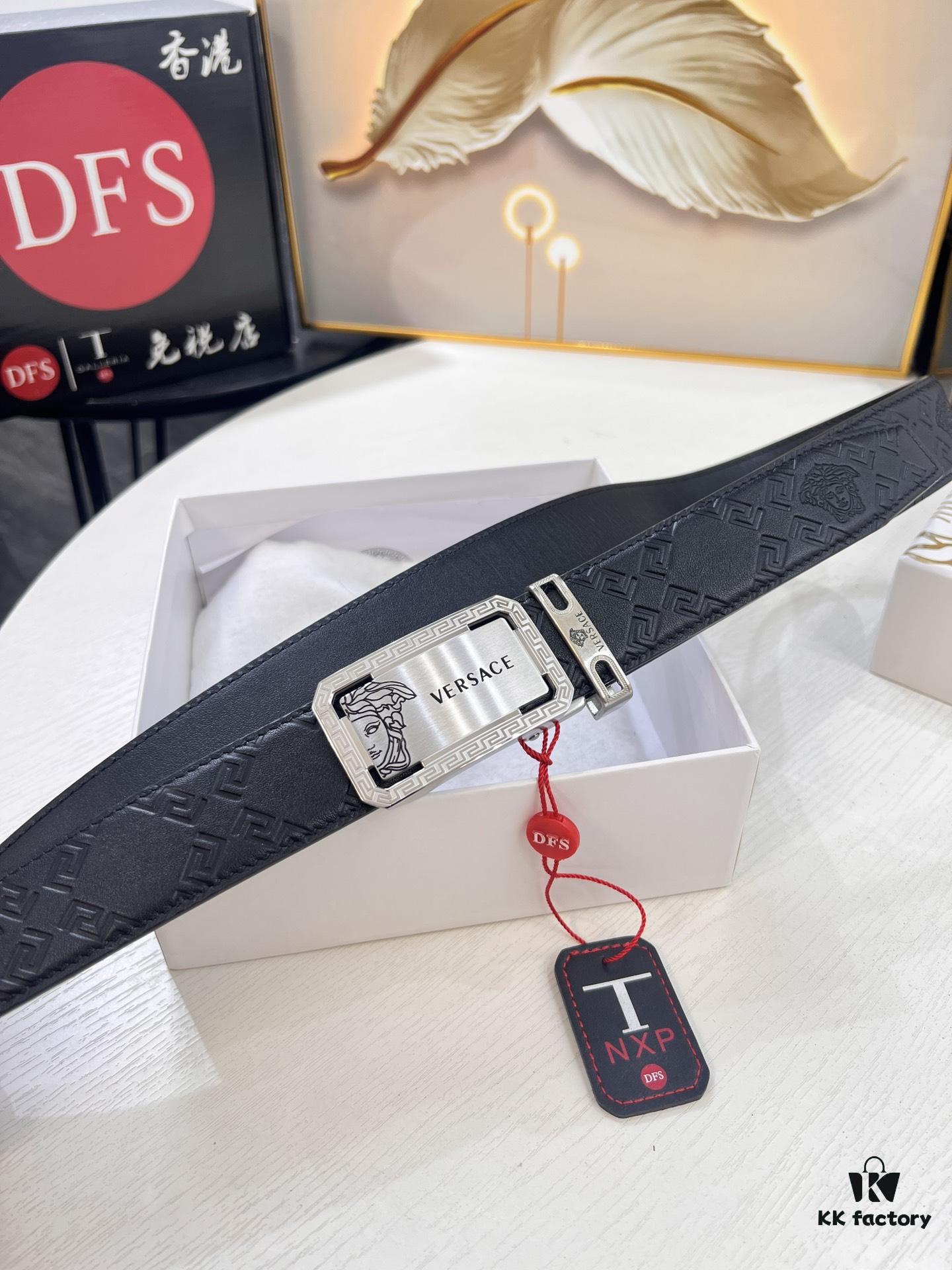 693201ea3a89a121ed550922 VERSACE Automatic Buckle Belt - Premium Top Grain Imported Leather with Medusa Embossing, 3.5cm Width, Smooth Slide Track Clasp