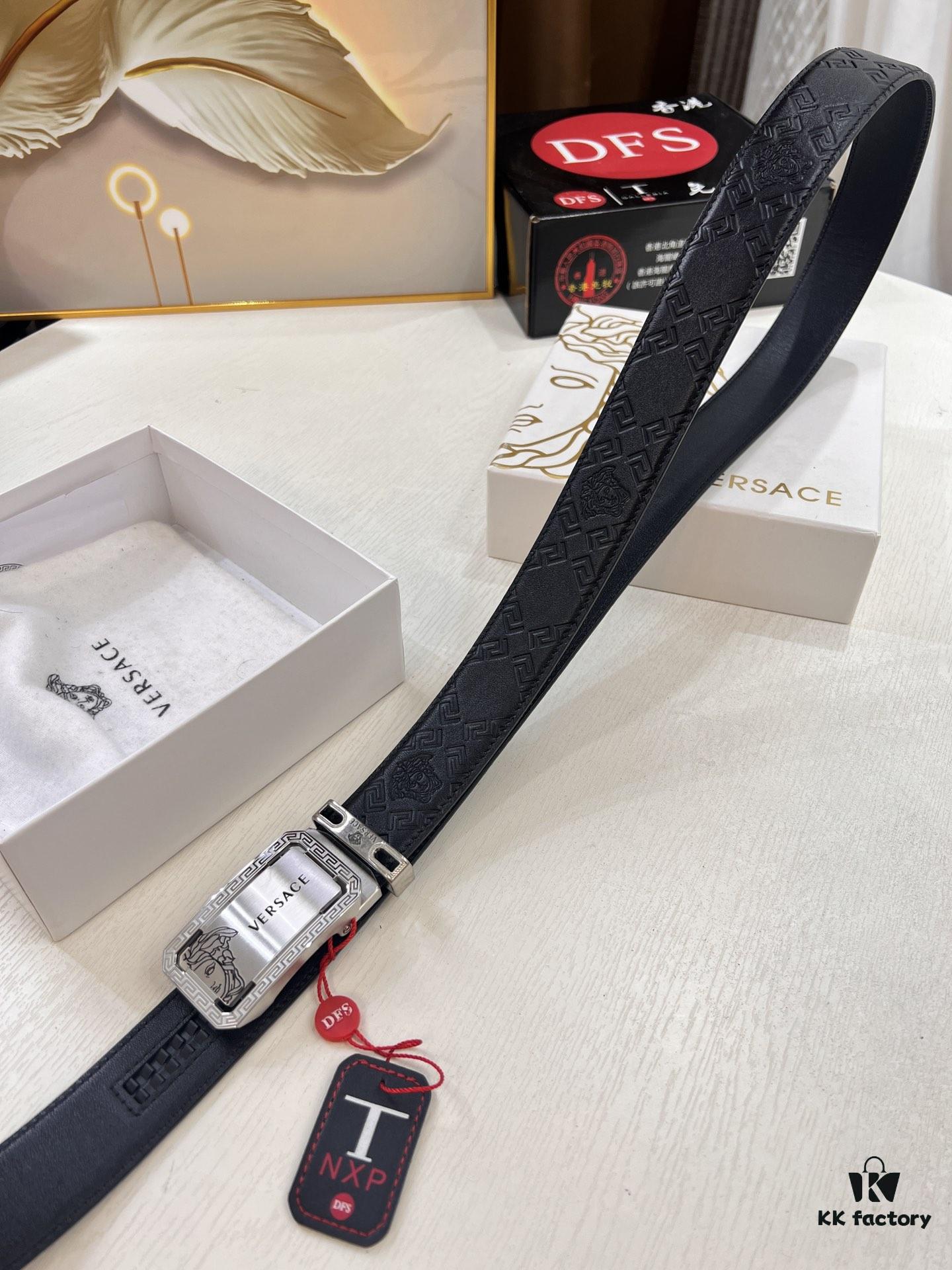 693201ea3a89a121ed550925 VERSACE Automatic Buckle Belt - Premium Top Grain Imported Leather with Medusa Embossing, 3.5cm Width, Smooth Slide Track Clasp