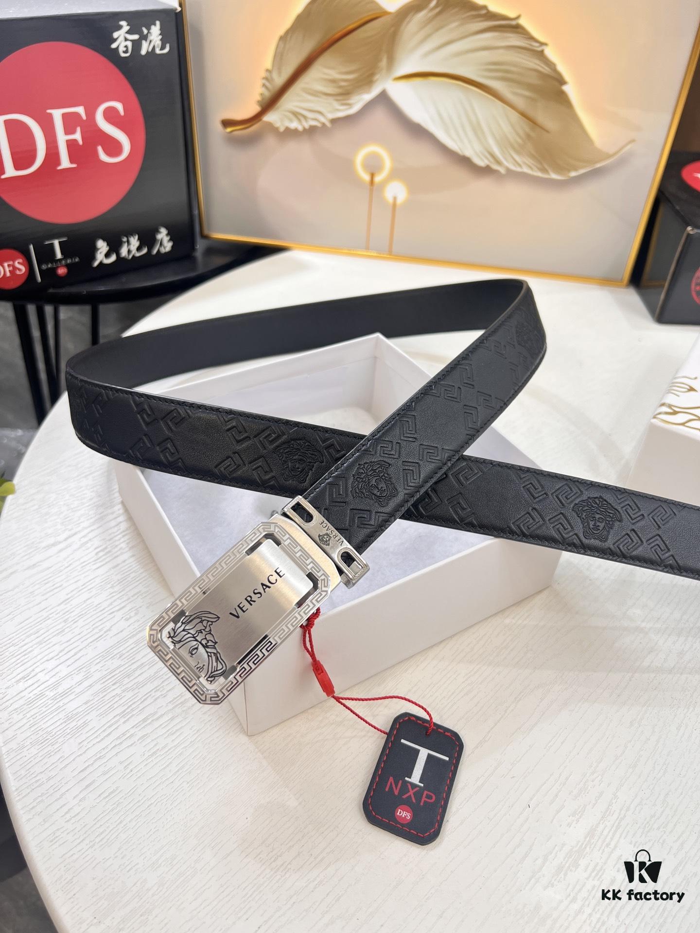 693201ea3a89a121ed550926 VERSACE Automatic Buckle Belt - Premium Top Grain Imported Leather with Medusa Embossing, 3.5cm Width, Smooth Slide Track Clasp