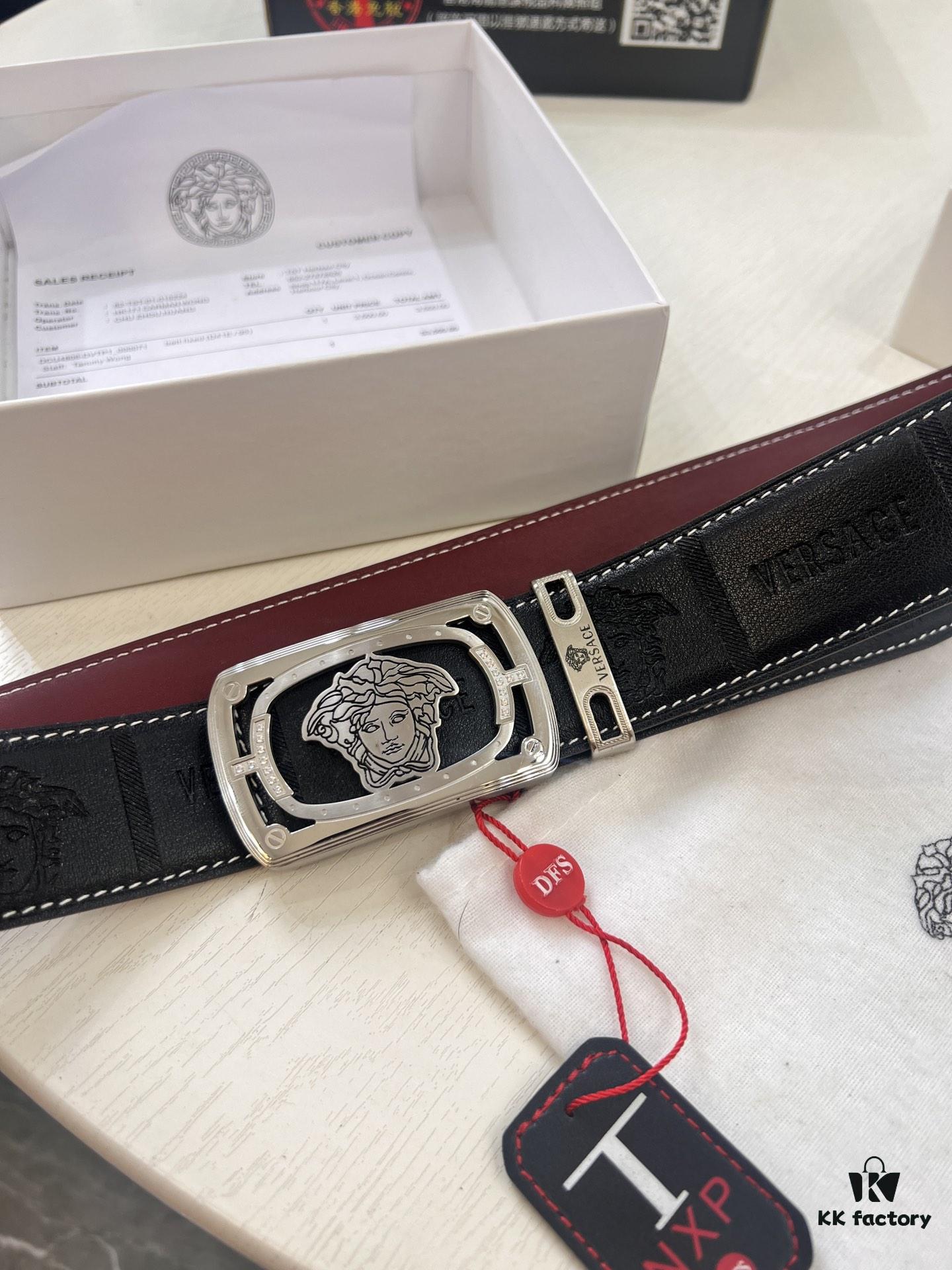 693201ee3a89a121ed550930 Versace Medusa Leather Belt - Original Factory Order, Italian Imported Top Grain Calfskin, Wine Red Plain Weave, 3.8cm Width